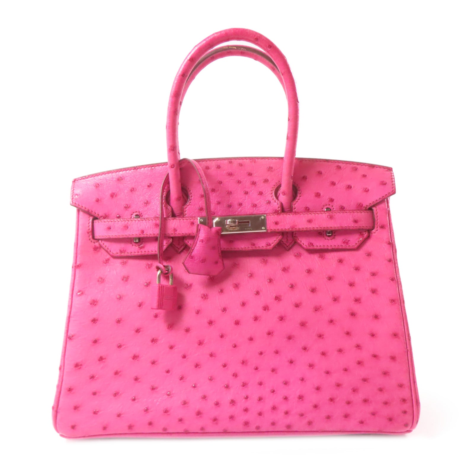 HERMES 鴕鳥皮革Birkin 30銀扣手挽袋粉紅色