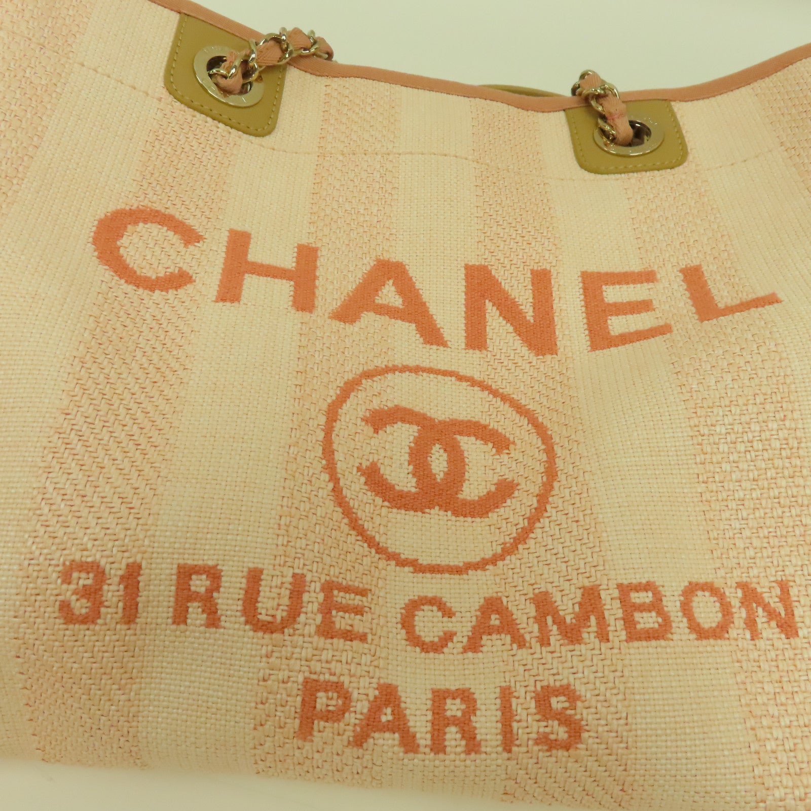 CHANEL 【激減優惠】帆布Deauville Tote金扣鏈帶手挽袋粉紅色