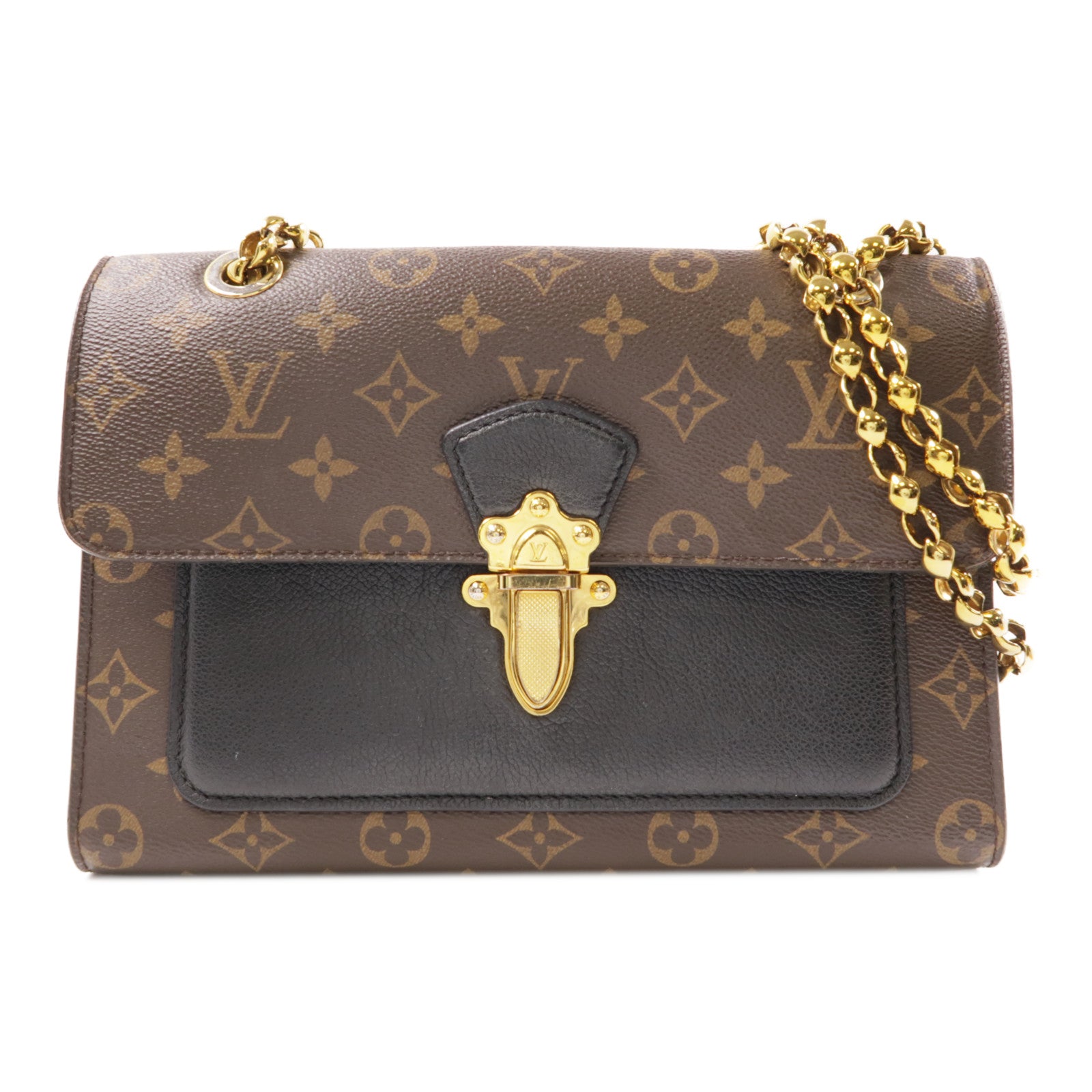 LOUIS VUITTON Monogram Victoire金扣鏈帶肩背袋棕色/黑色