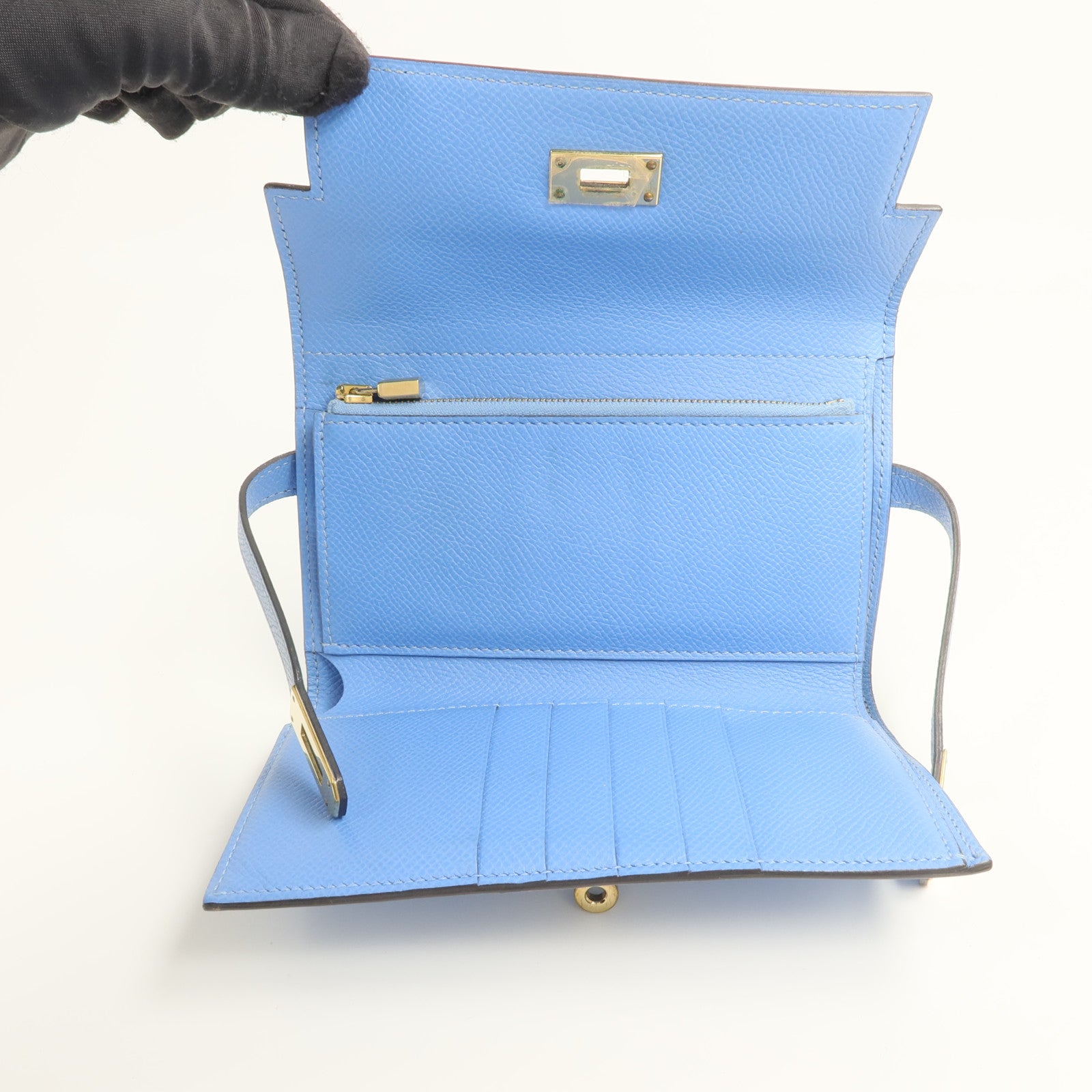 HERMES Epsom皮革Kelly Compact Wallet長錢包Bleu Paradis