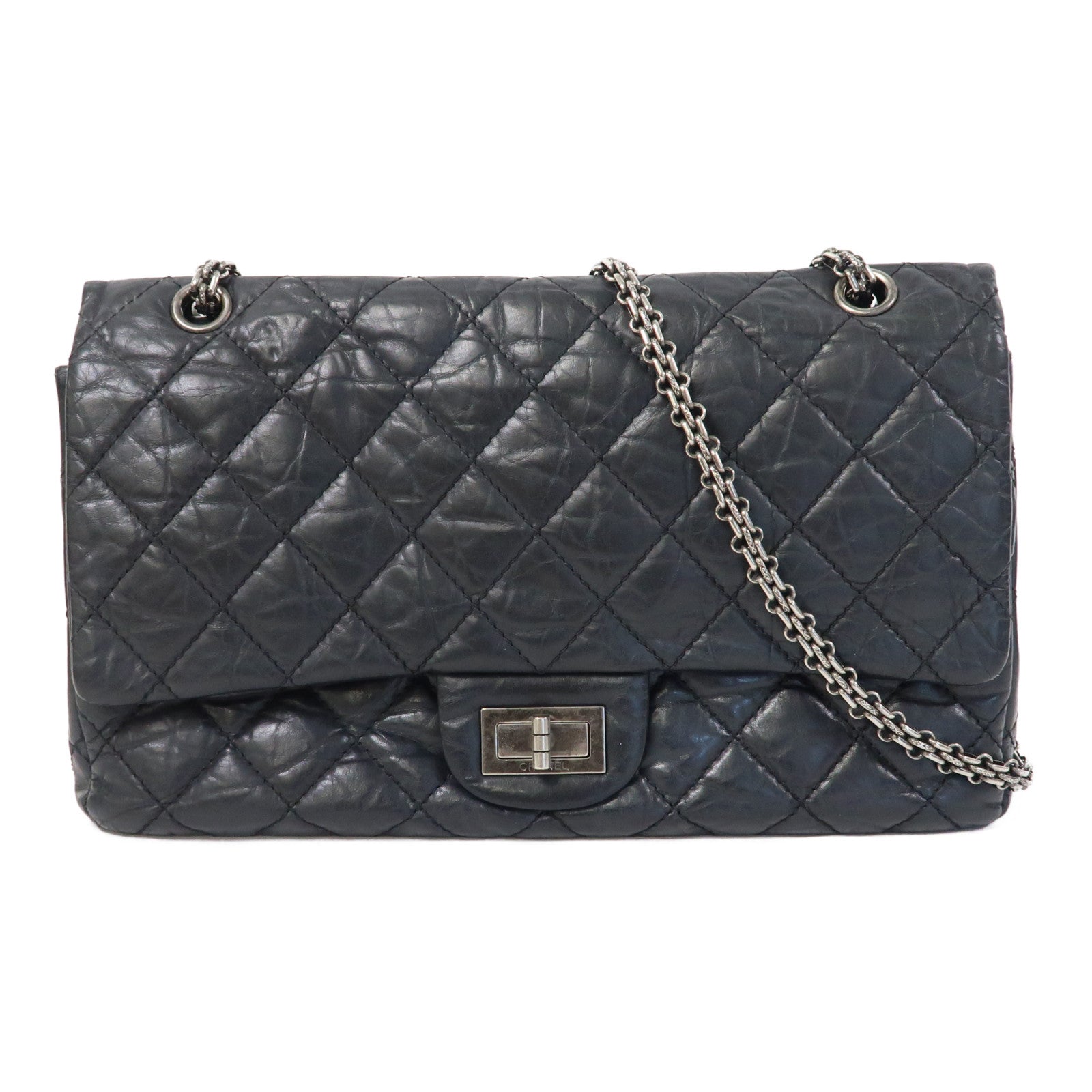 CHANEL 菱格牛皮皮革2.55 Chain Shoulder Bag銀扣鏈帶肩背袋黑色