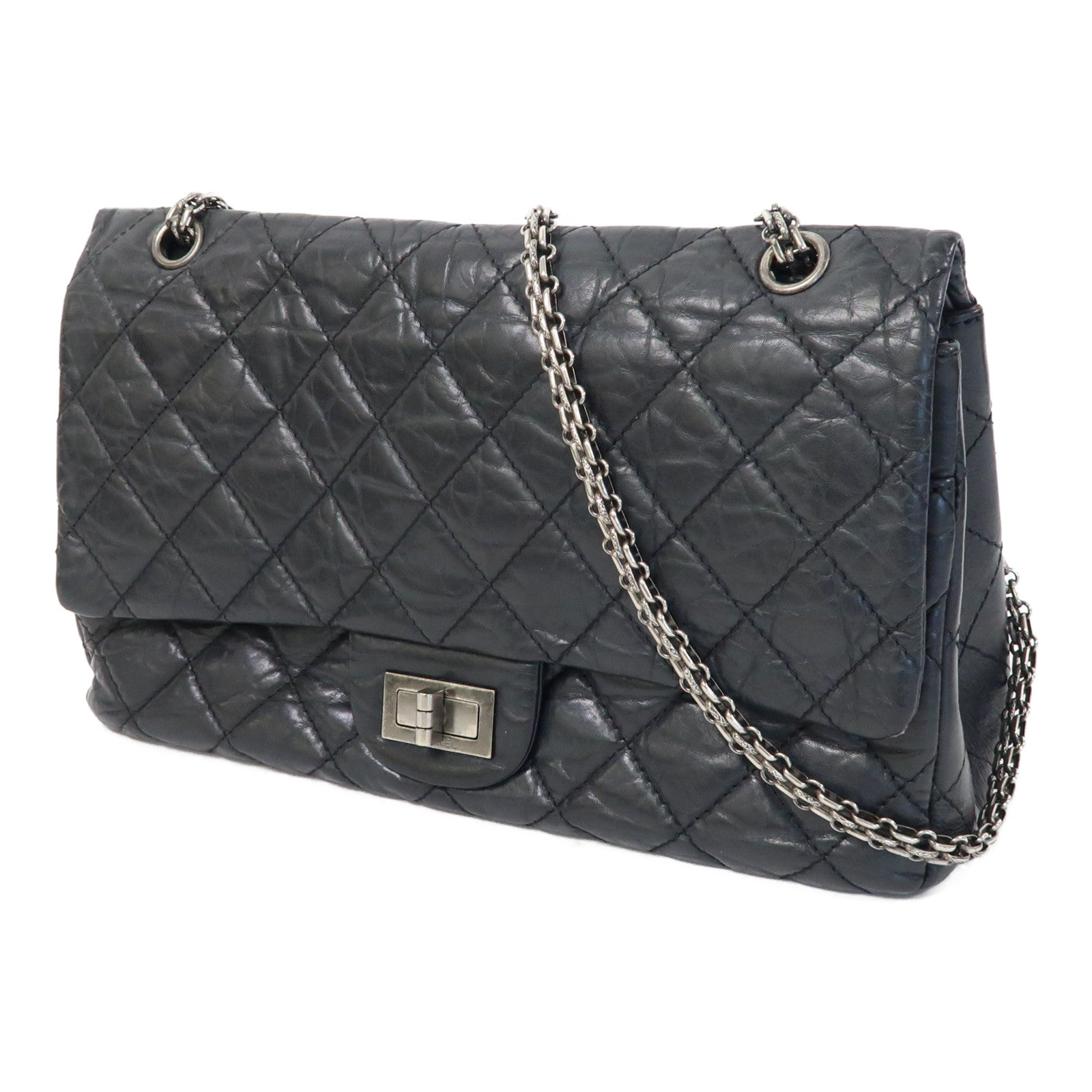 CHANEL 菱格牛皮皮革2.55 Chain Shoulder Bag銀扣鏈帶肩背袋黑色