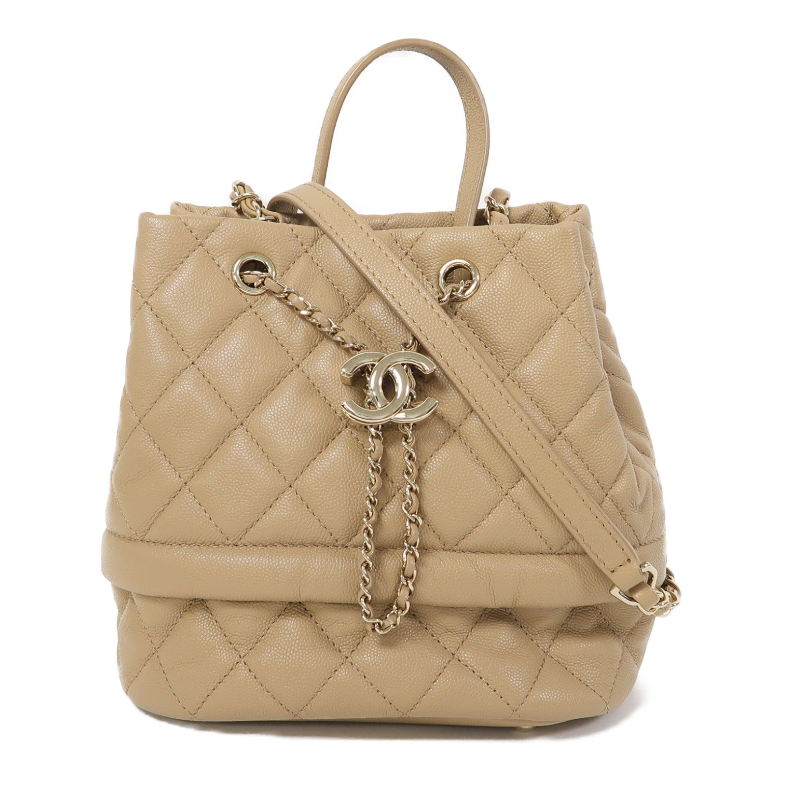 CHANEL 菱格Caviar皮革Bucket Bag金扣手挽肩背兩用袋米色