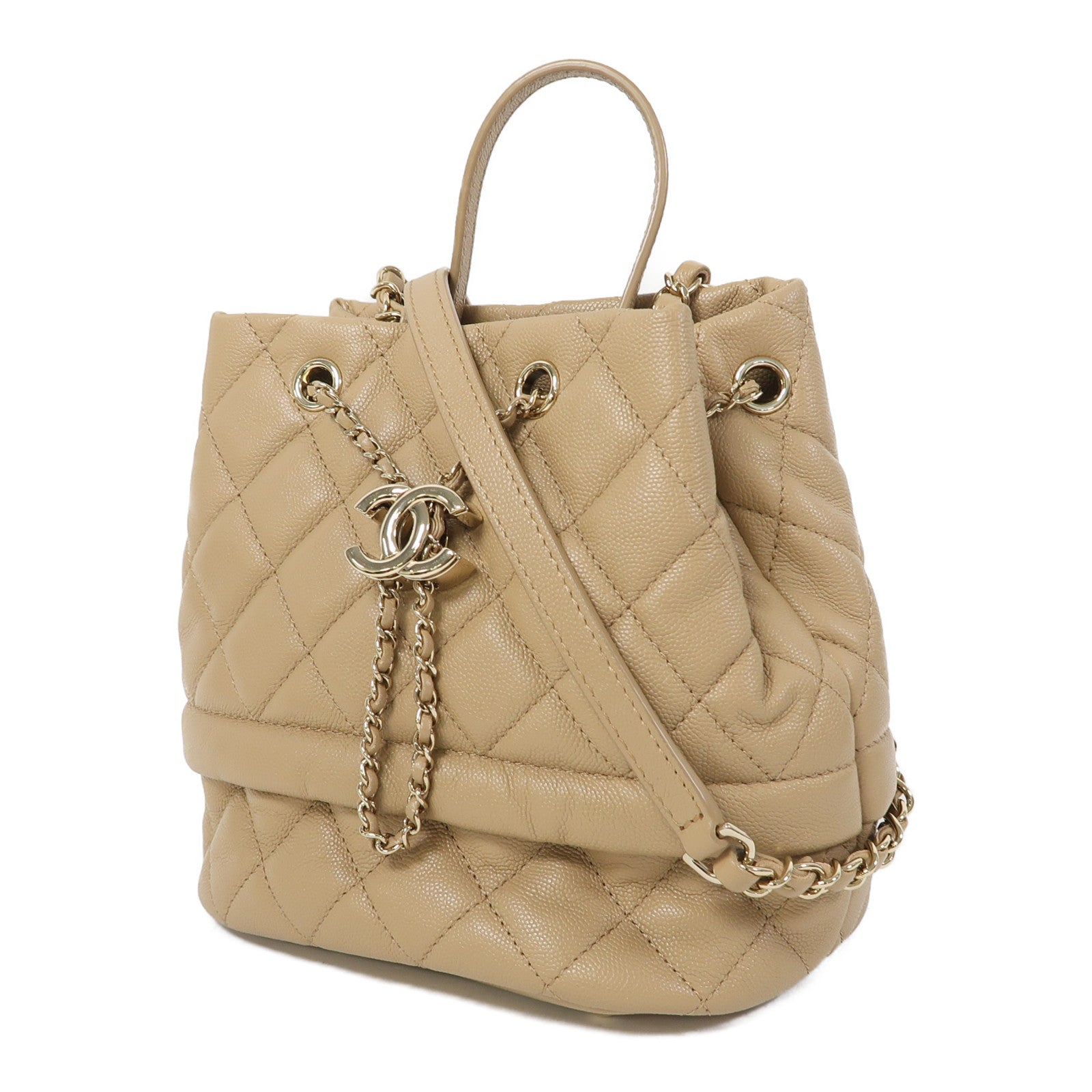 CHANEL 菱格Caviar皮革Bucket Bag金扣手挽肩背兩用袋米色