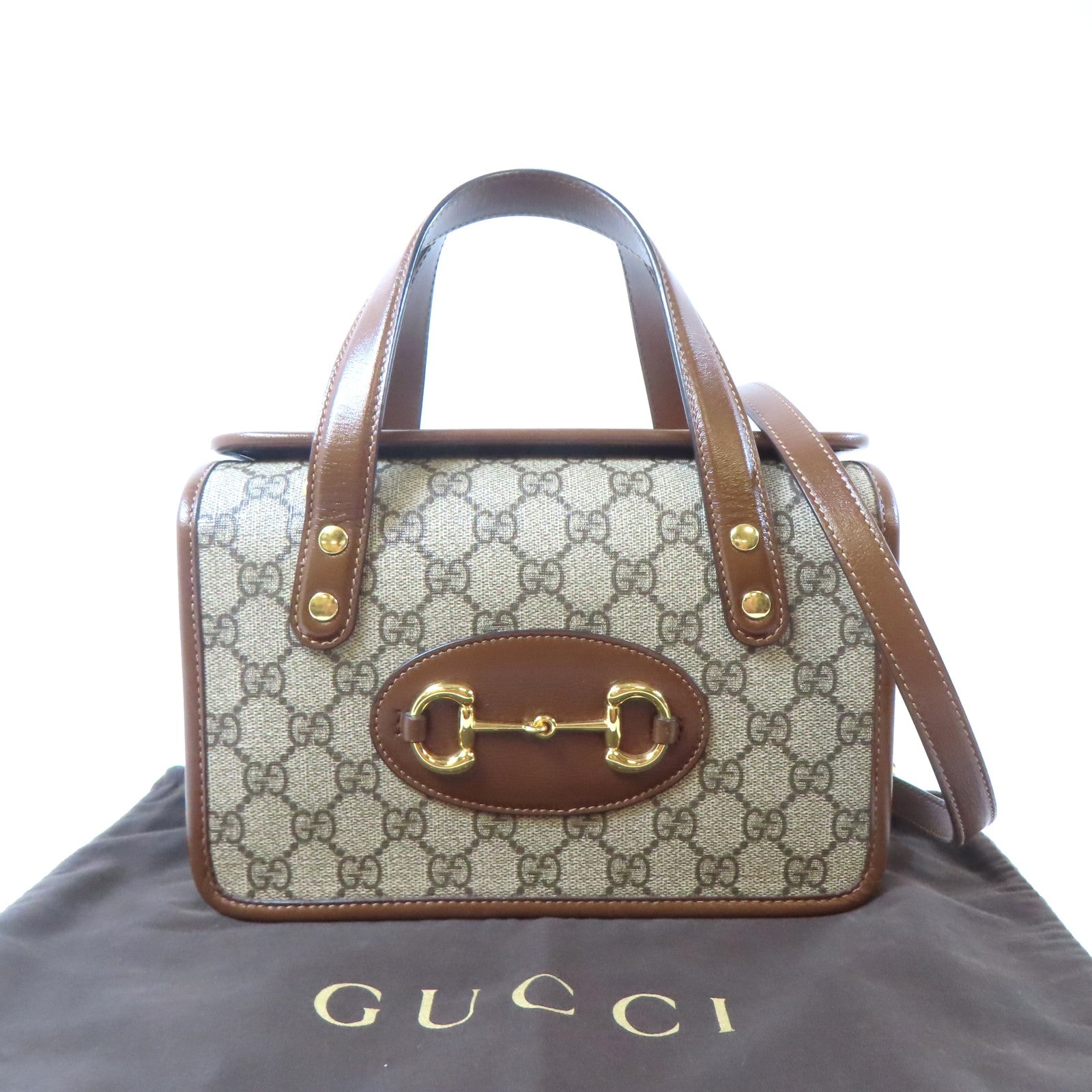 GUCCI 塗層帆布Horsebit 1955 Mini Top Handle Bag金扣手挽肩背兩用袋啡色