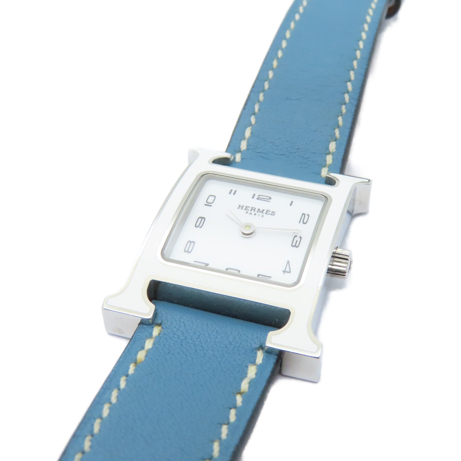 HERMES H Watch不鏽鋼/皮革帶手錶石英機芯白色/藍色