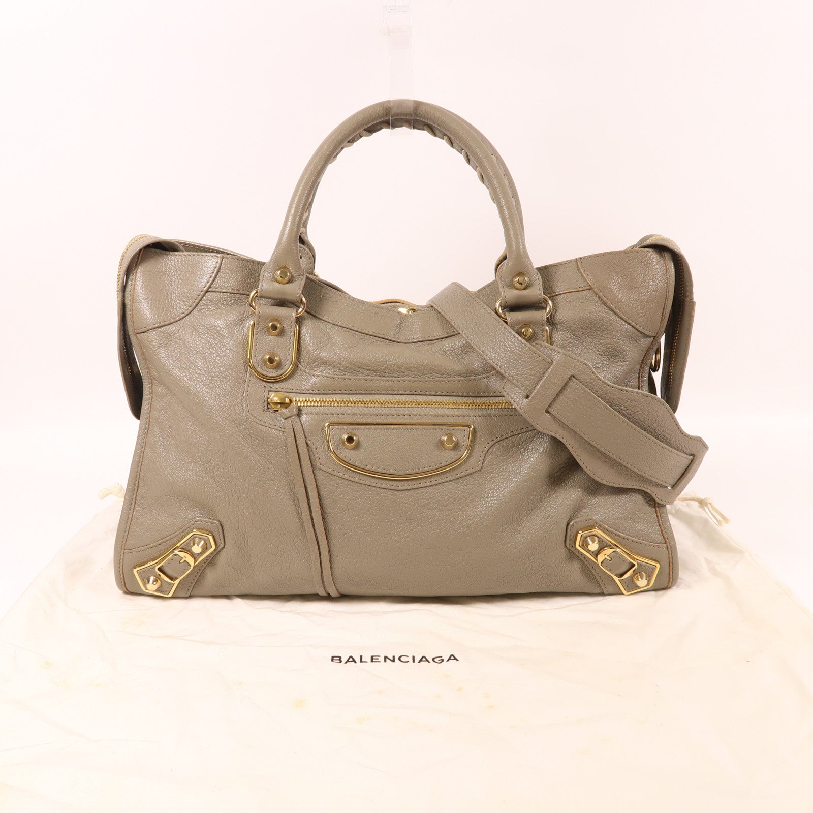 BALENCIAGA 牛皮皮革City金扣手挽肩背兩用袋灰色