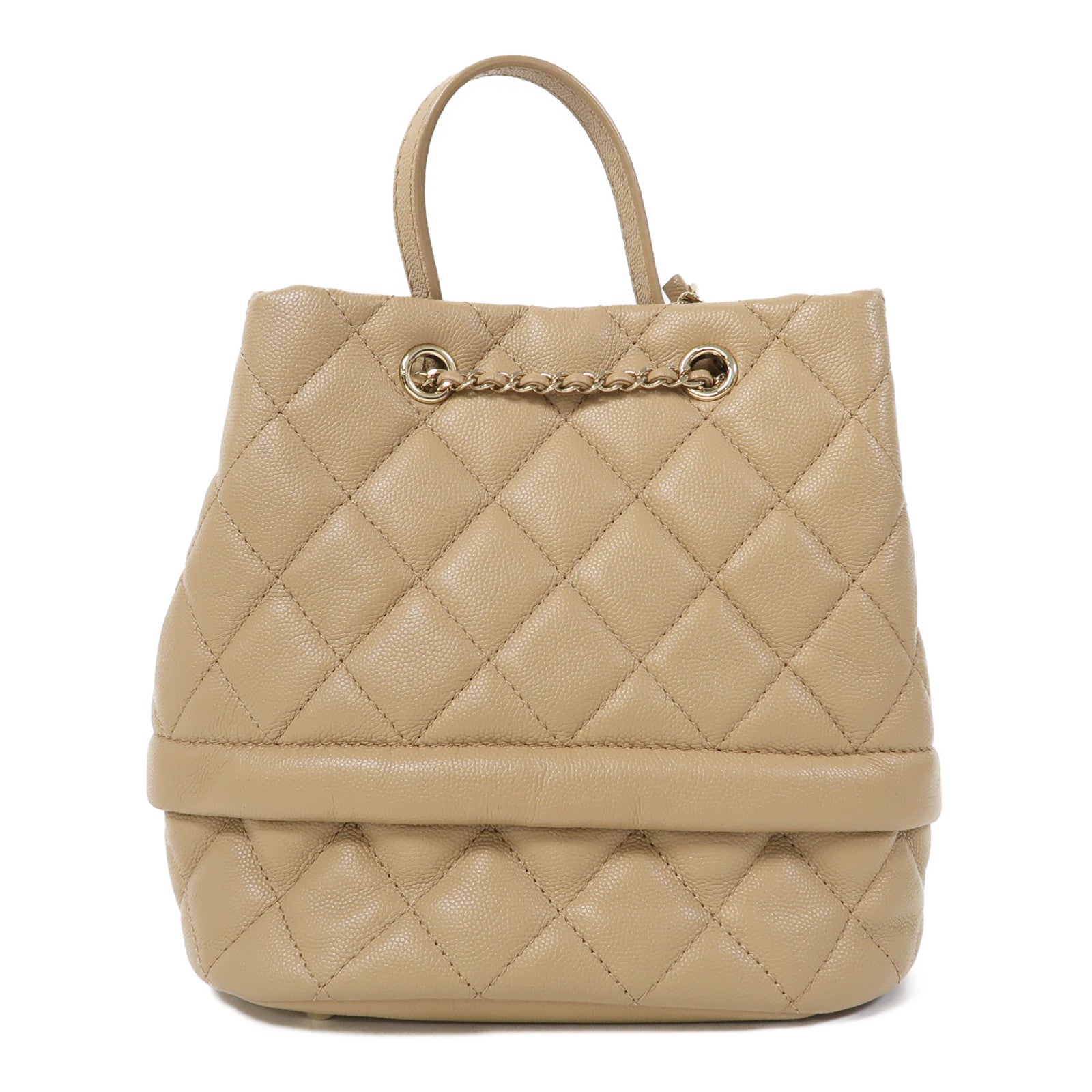 CHANEL 菱格Caviar皮革Bucket Bag金扣手挽肩背兩用袋米色