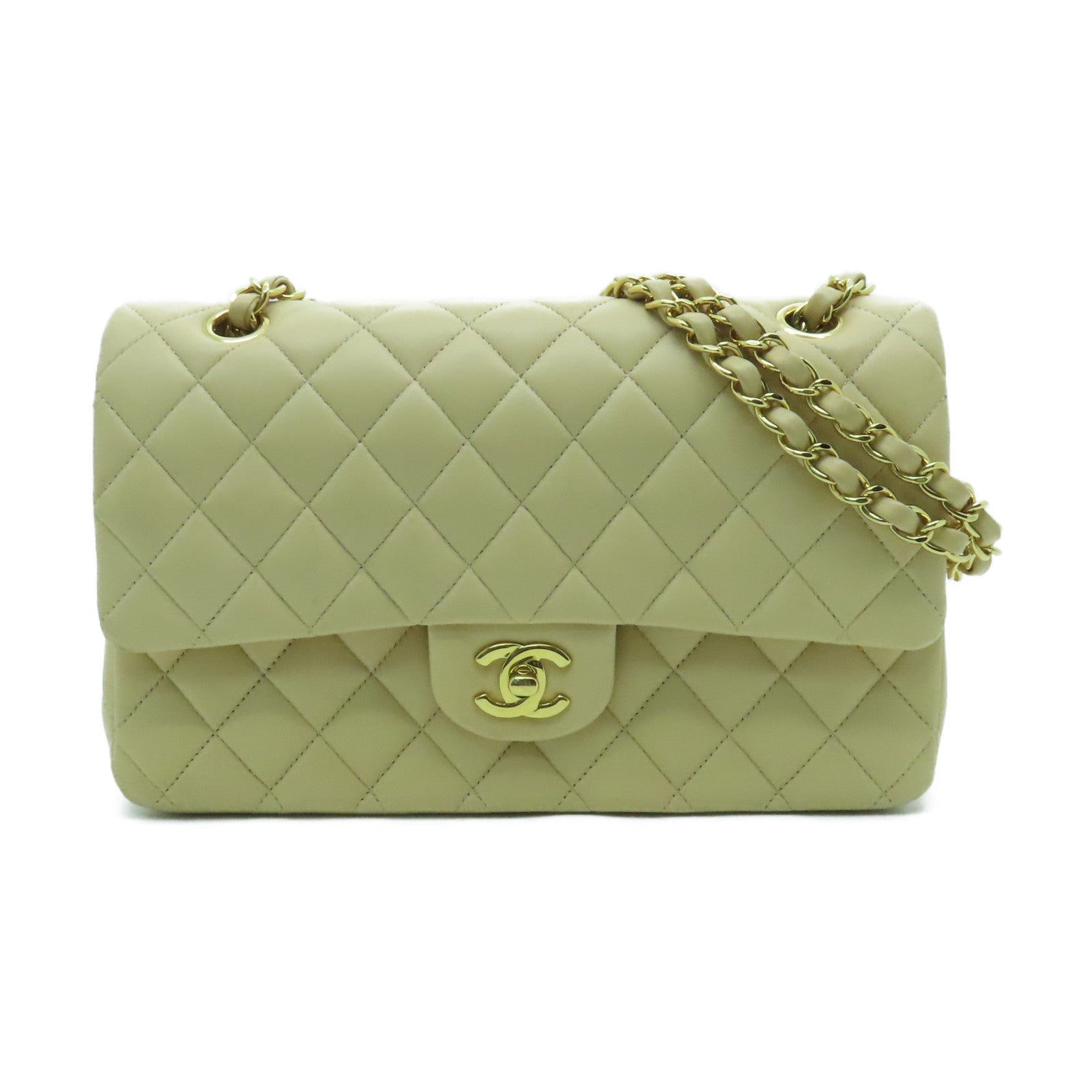 CHANEL 【激減優惠】菱格羊皮皮革Classic 25金扣鏈帶肩背袋米色