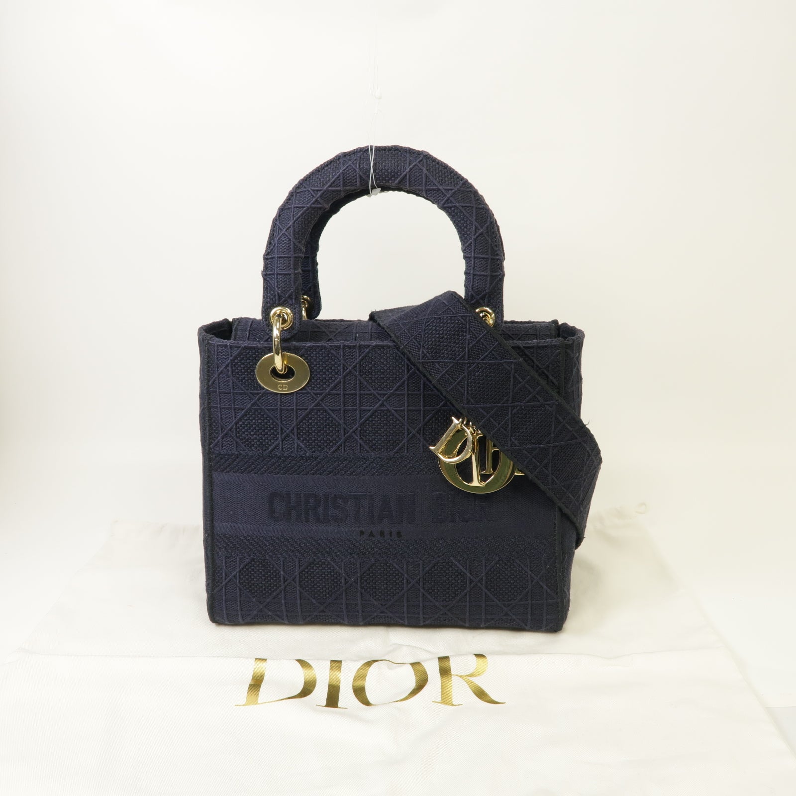 Dior 帆布Lady D-Lite金扣手挽肩背兩用袋深藍色