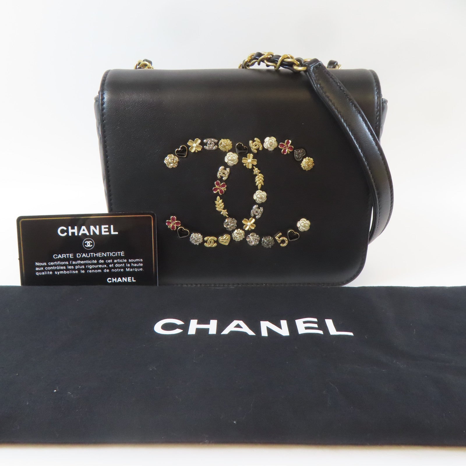 CHANEL 牛皮皮革Chain Shoulder金扣鏈帶肩背袋黑色