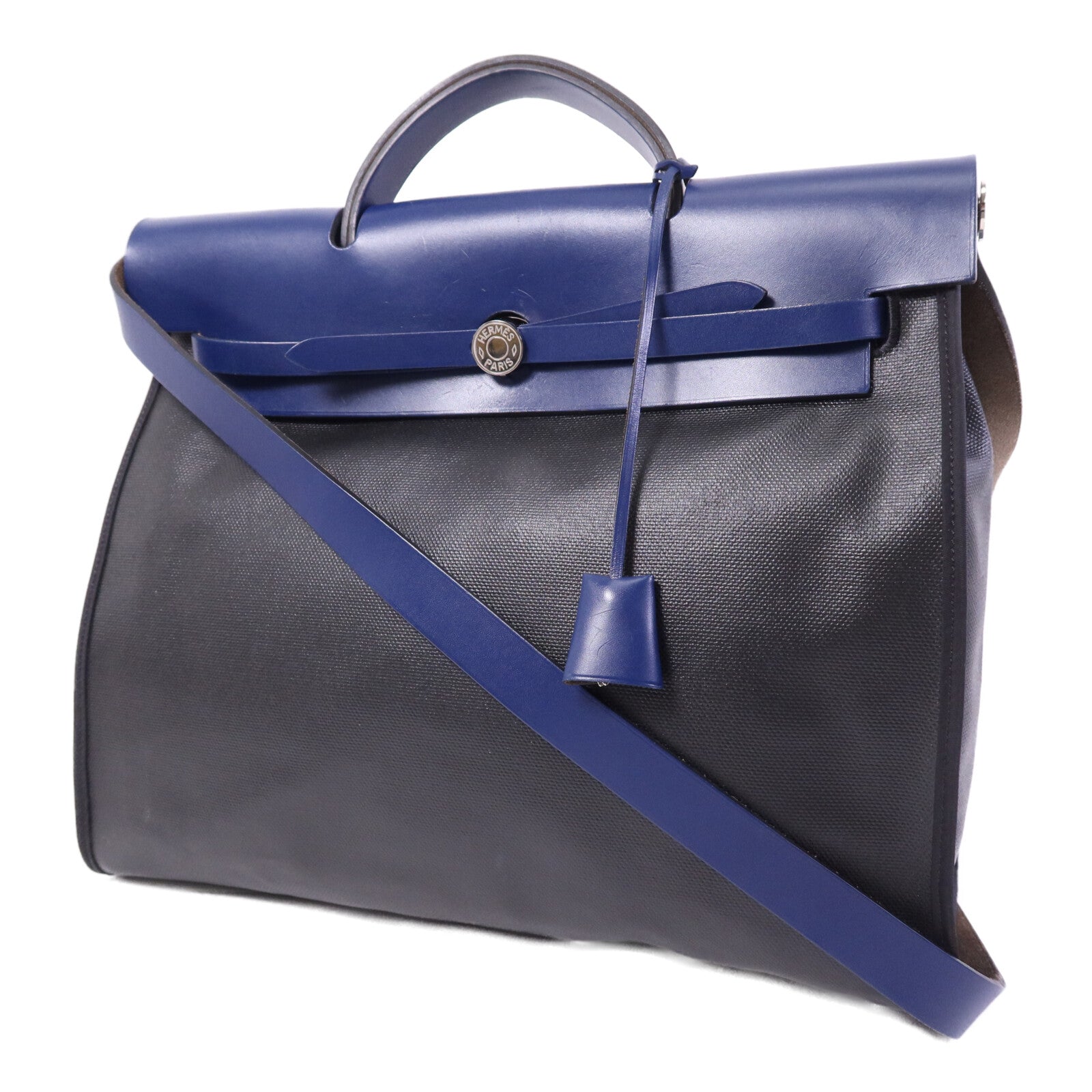 HERMES Vache Liegee皮革Herbag MM銀扣手挽肩背兩用袋Bleu Brighton/Noir