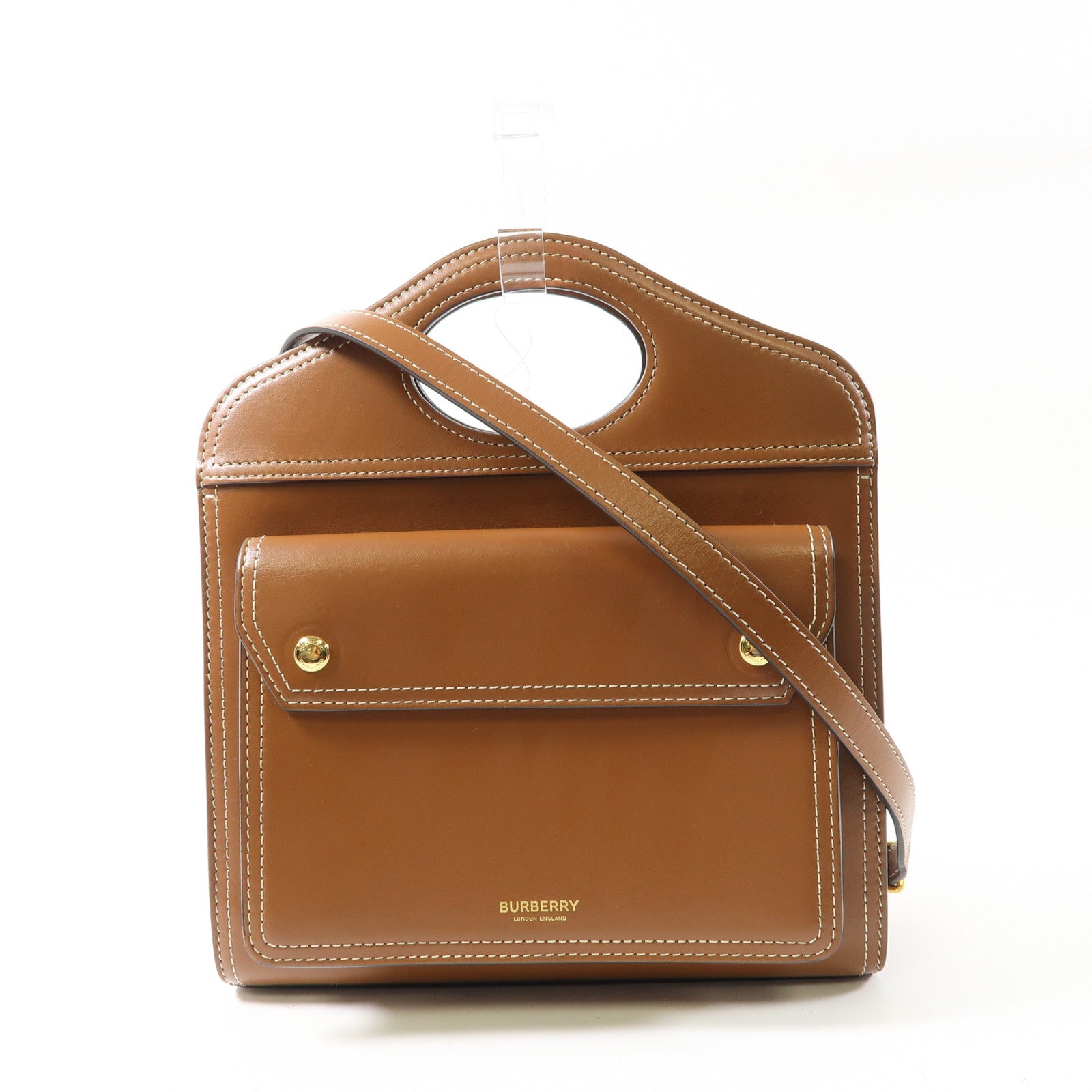BURBERRY 牛皮皮革Mini Pocket Bag金扣手挽肩背兩用袋啡色