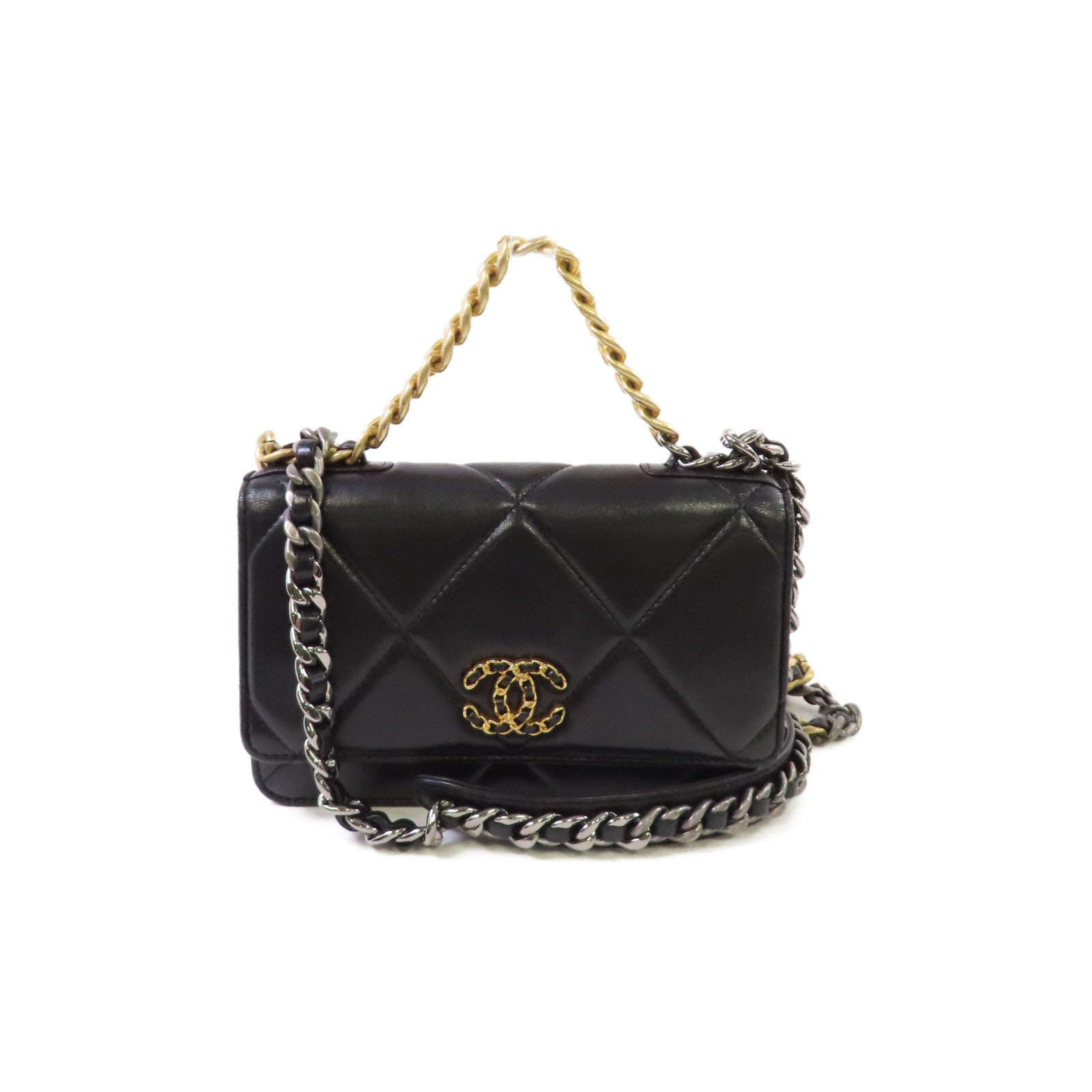 CHANEL 菱格羊皮皮革Chanel 19 WOC Wallet On Chain Shoulder Bag金扣手挽肩背兩用袋黑色