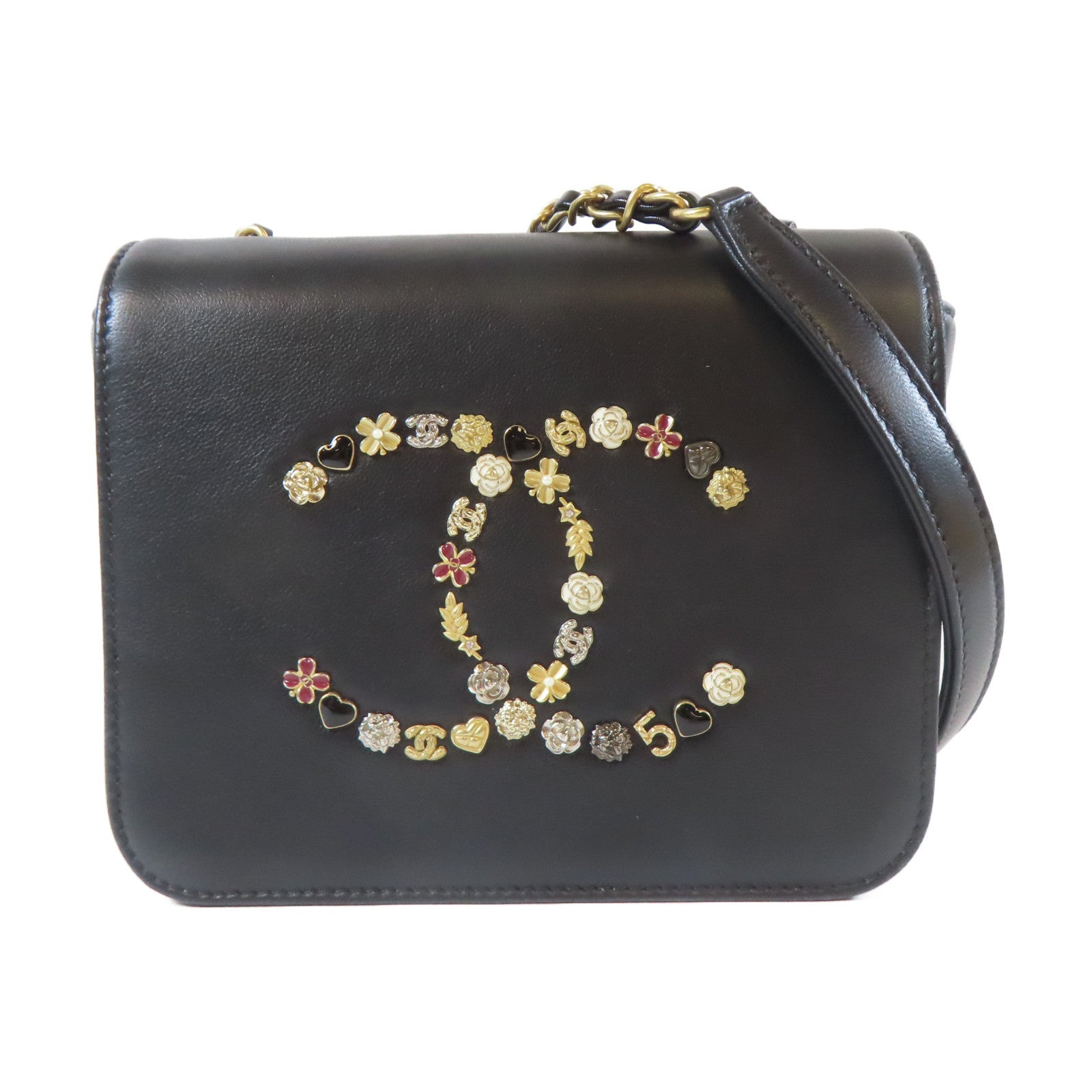 CHANEL 牛皮皮革Chain Shoulder金扣鏈帶肩背袋黑色