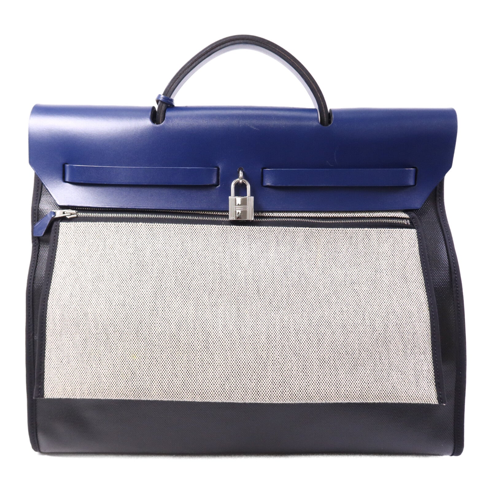 HERMES Vache Liegee皮革Herbag MM銀扣手挽肩背兩用袋Bleu Brighton/Noir