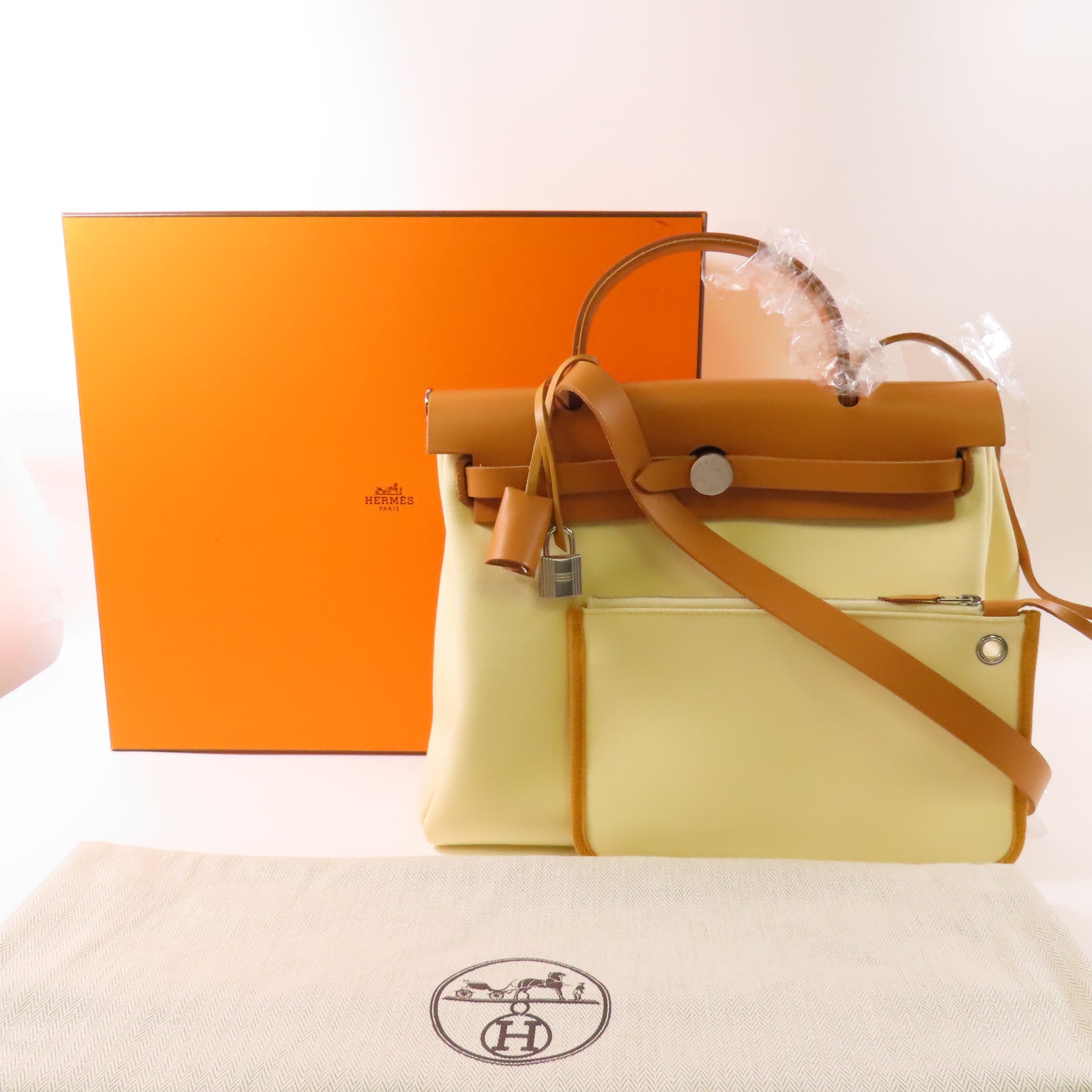 HERMES 帆布/皮革Herbag PM銀扣手挽肩背兩用袋