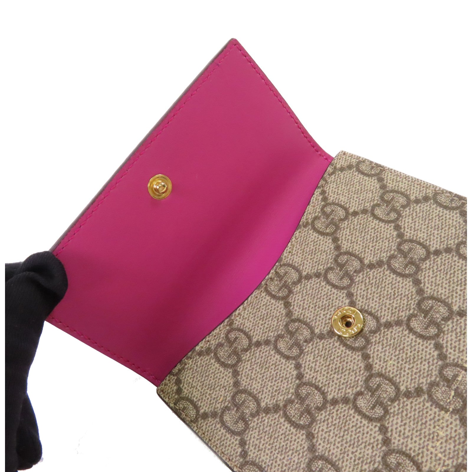 GUCCI 塗層帆布GG Supreme Wallet金扣短錢包啡色/紅色