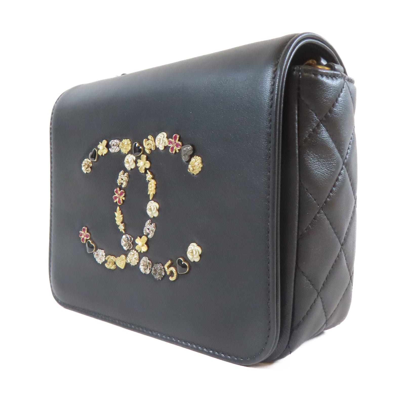 CHANEL 牛皮皮革Chain Shoulder金扣鏈帶肩背袋黑色