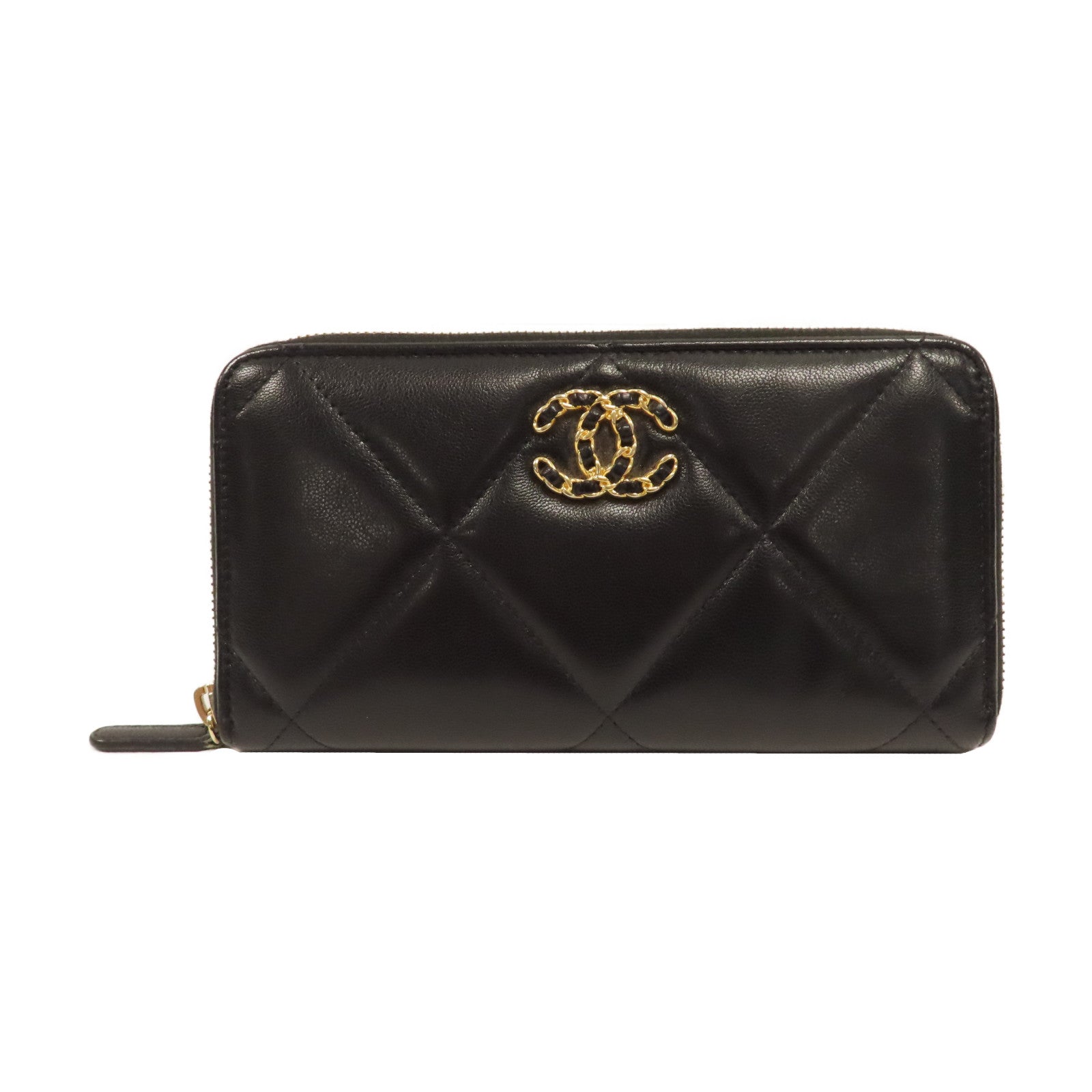 CHANEL 菱格皮革C19 Long Wallet金扣拉鍊長錢包黑色