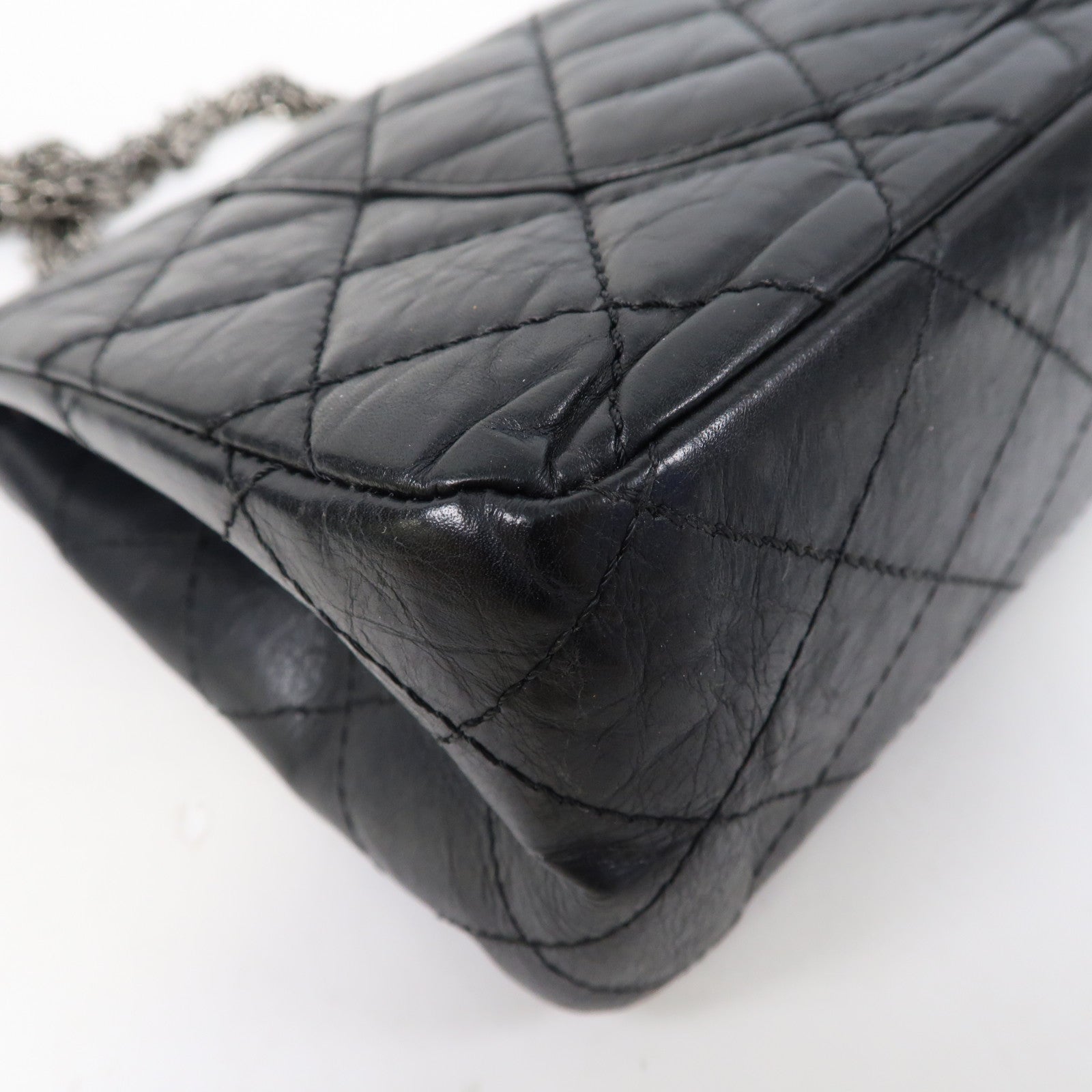 CHANEL 菱格牛皮皮革2.55 Chain Shoulder Bag銀扣鏈帶肩背袋黑色