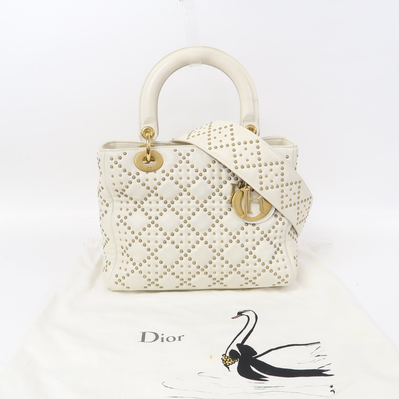 Dior 羊皮皮革Lady Dior金扣手挽肩背兩用袋白色