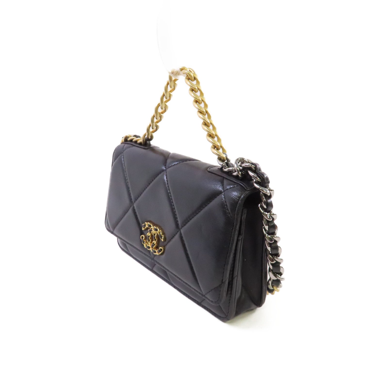 CHANEL 菱格羊皮皮革Chanel 19 WOC Wallet On Chain Shoulder Bag金扣手挽肩背兩用袋黑色