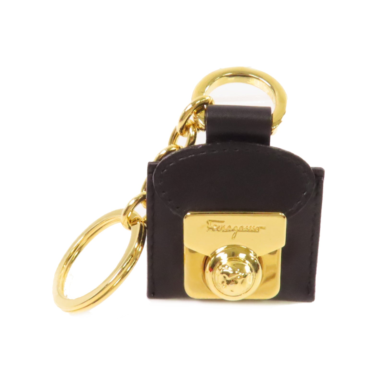 Salvatore Ferragamo 牛皮皮革/金屬Key Chain金扣鎖匙扣黑色
