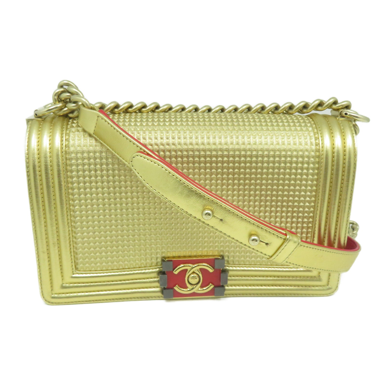 CHANEL **【清倉大減價】牛皮皮革Boy金扣鏈帶肩背袋金色