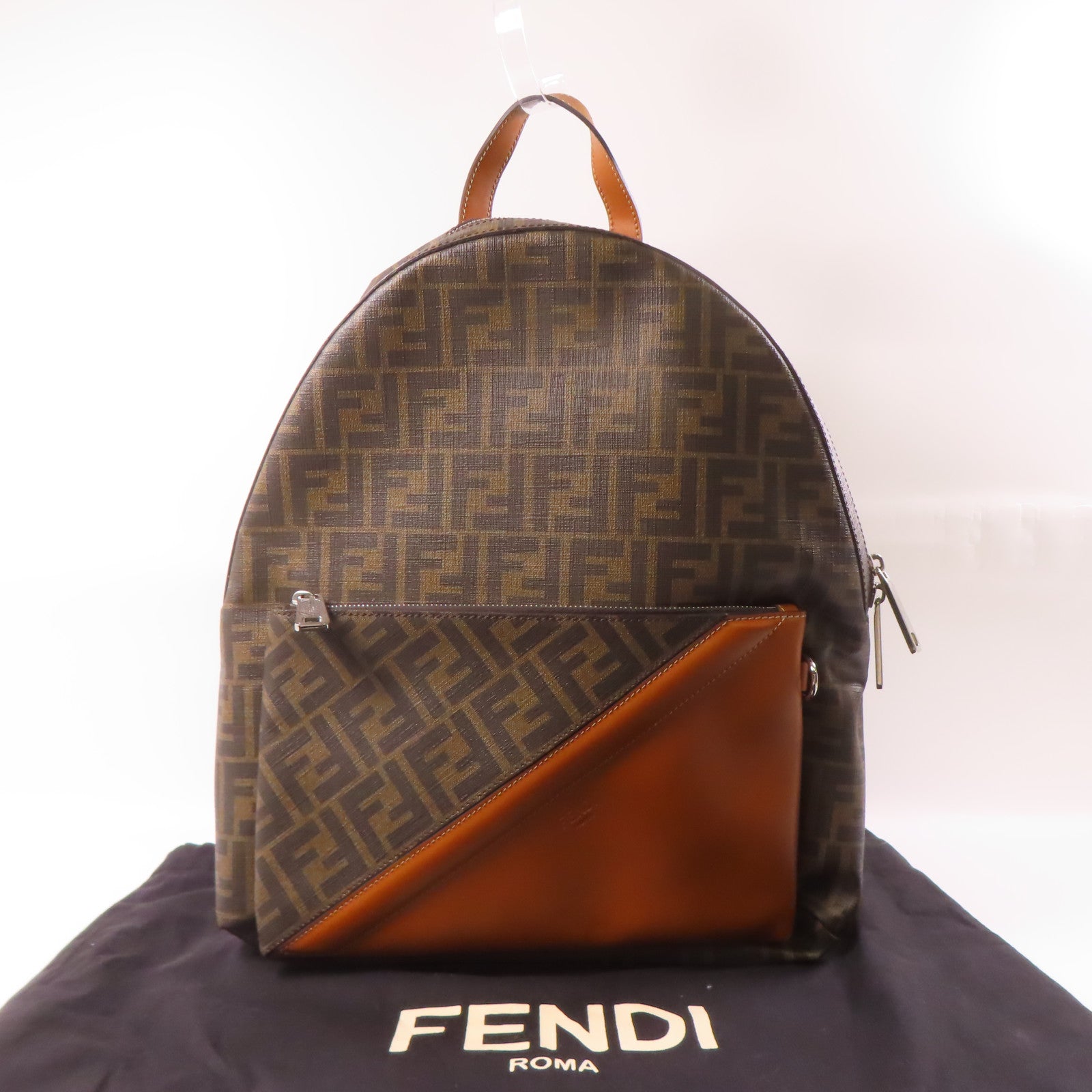 FENDI 塗層帆布Backpack銀扣背包棕色
