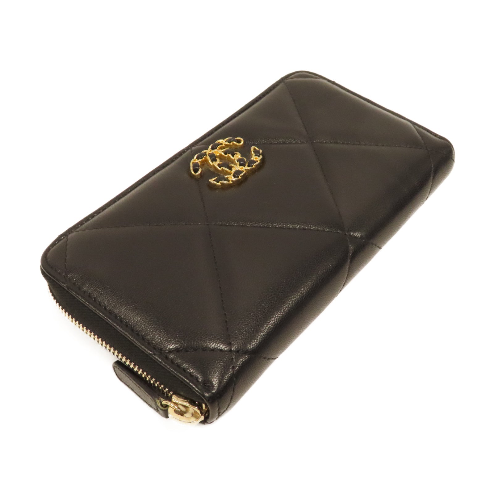 CHANEL 菱格皮革C19 Long Wallet金扣拉鍊長錢包黑色
