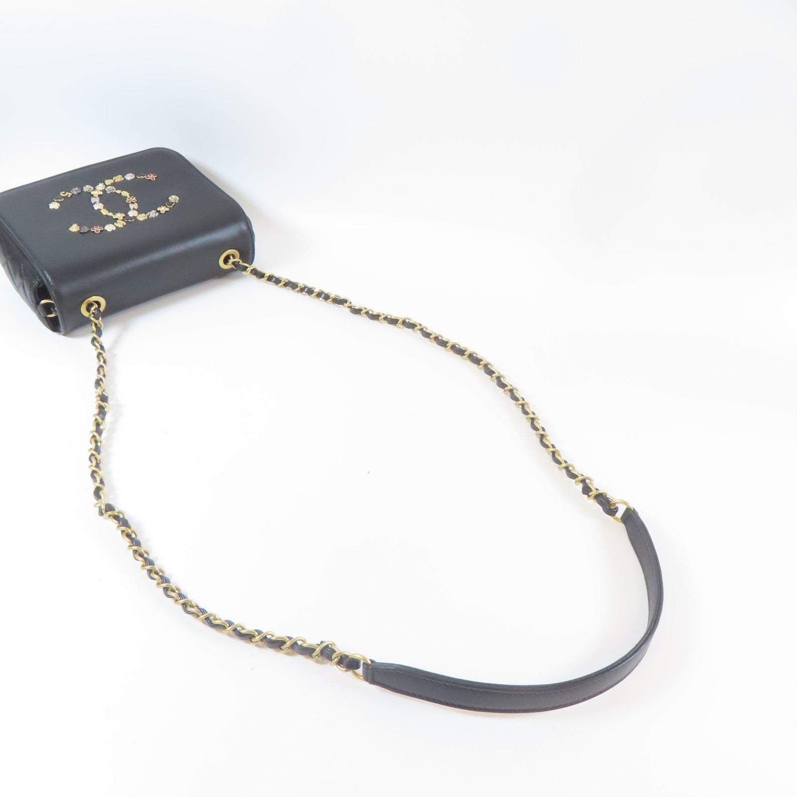 CHANEL 牛皮皮革Chain Shoulder金扣鏈帶肩背袋黑色