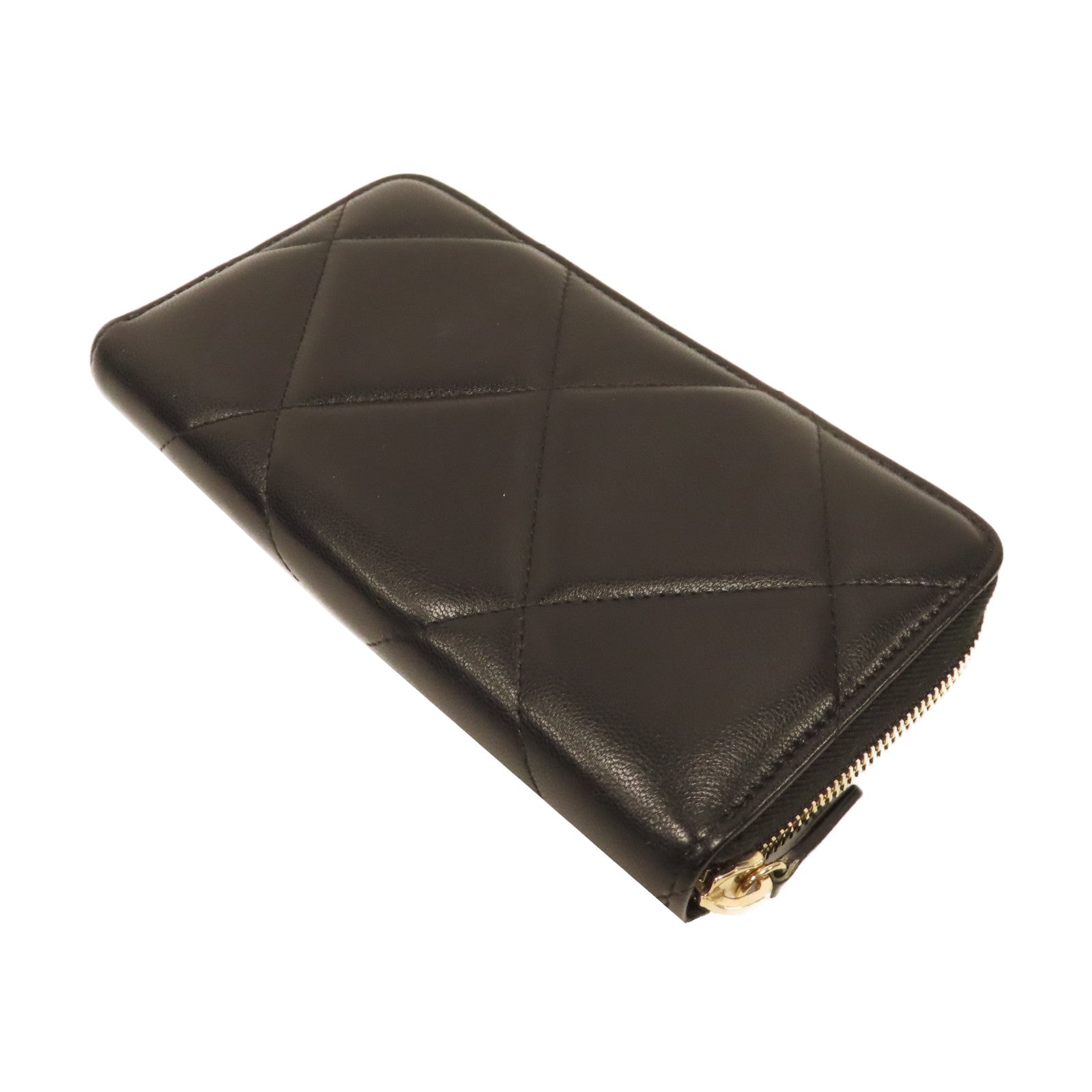 CHANEL 菱格皮革C19 Long Wallet金扣拉鍊長錢包黑色