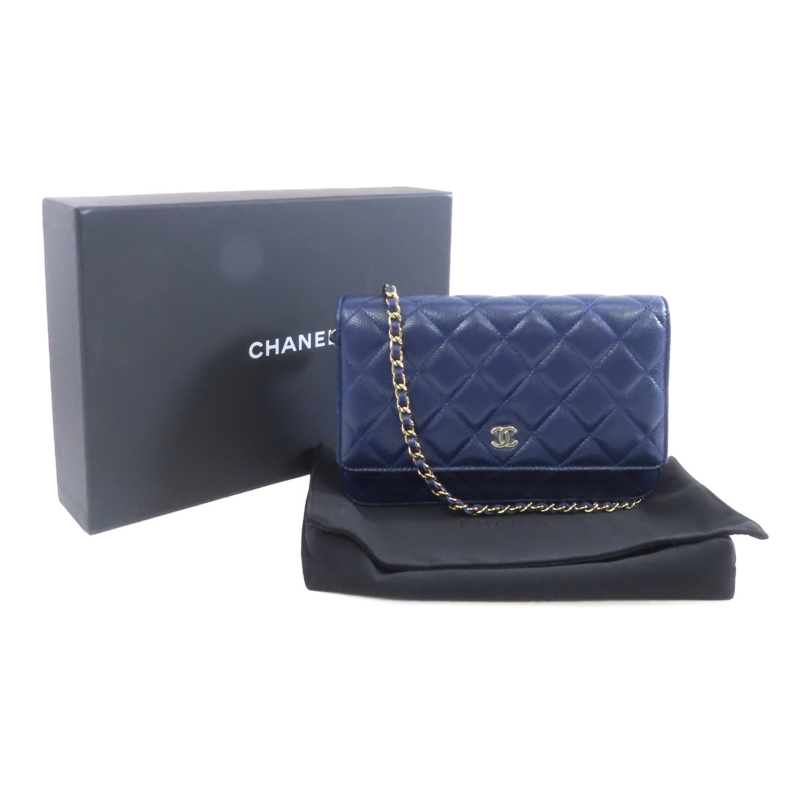 CHANEL 【激減優惠】菱格牛皮皮革WOC Wallet On Chain金扣鏈帶肩背袋深藍色