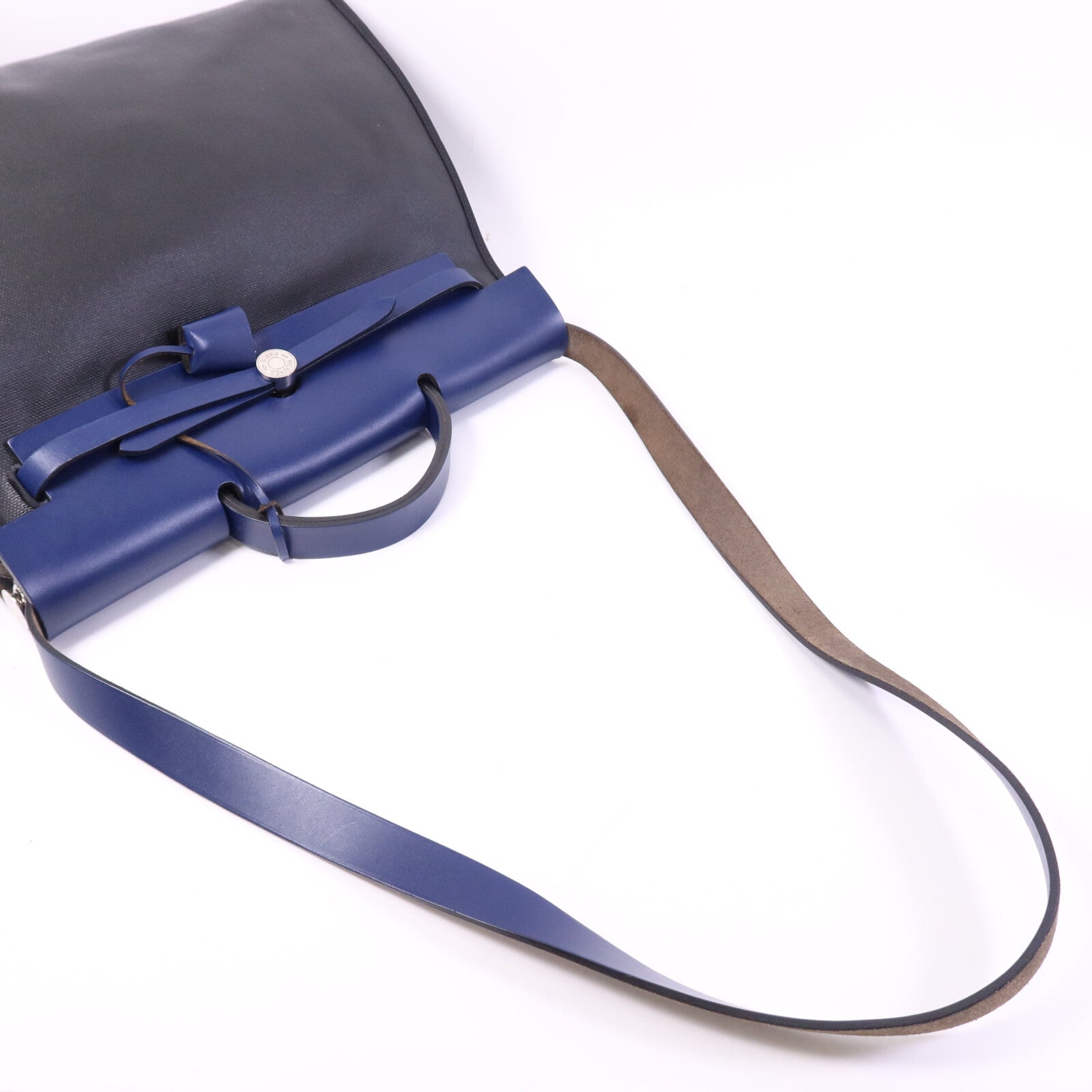 HERMES Vache Liegee皮革Herbag MM銀扣手挽肩背兩用袋Bleu Brighton/Noir