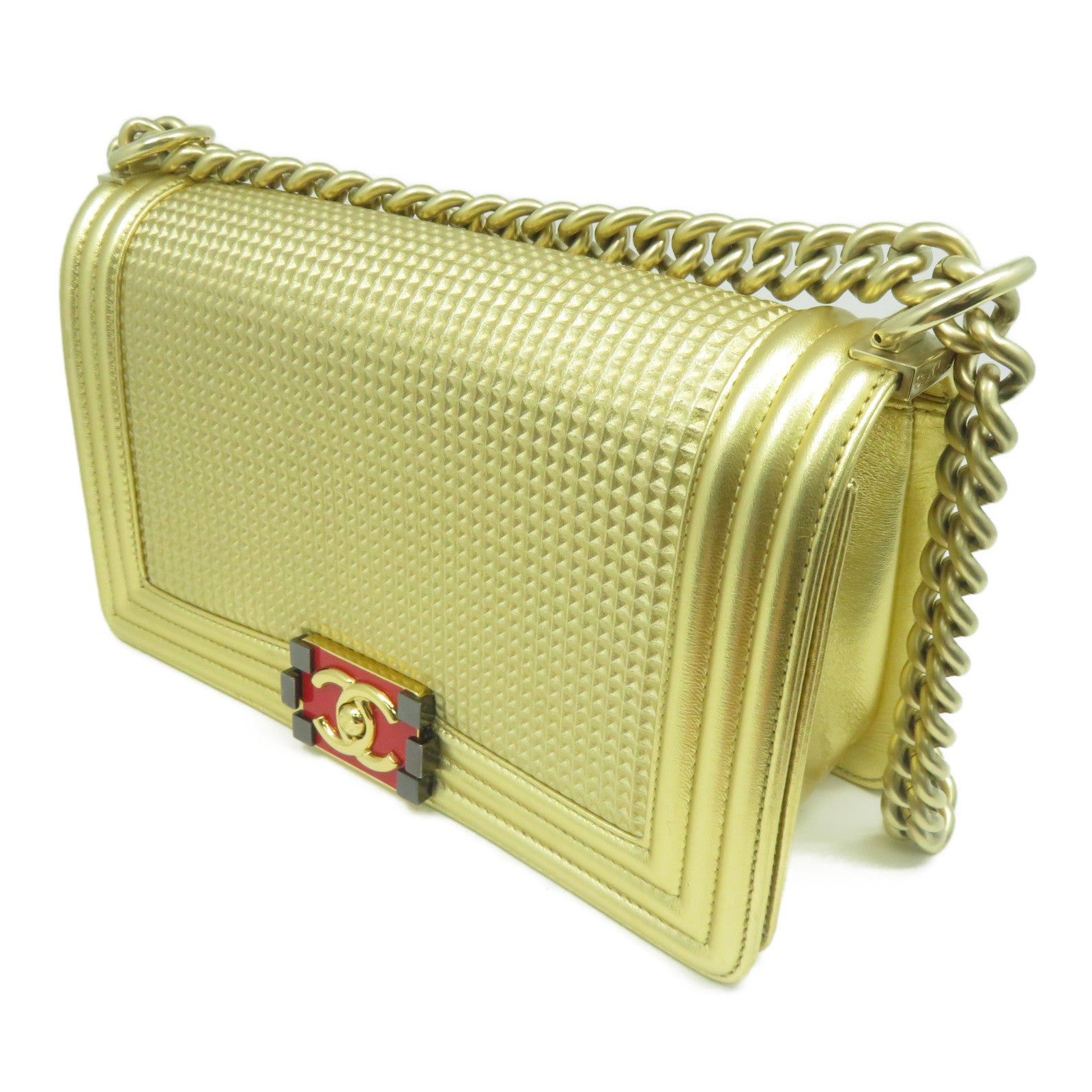 CHANEL **【清倉大減價】牛皮皮革Boy金扣鏈帶肩背袋金色