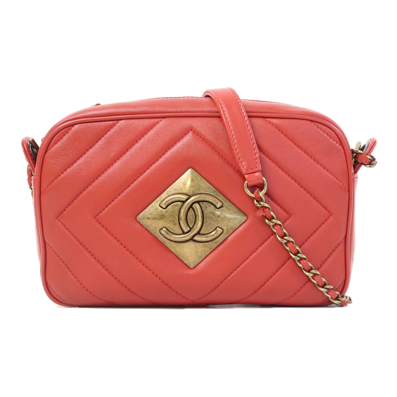 CHANEL 【激減優惠】羊皮皮革Chevron Pyramid CC Camera Case金扣鏈帶肩背袋紅色