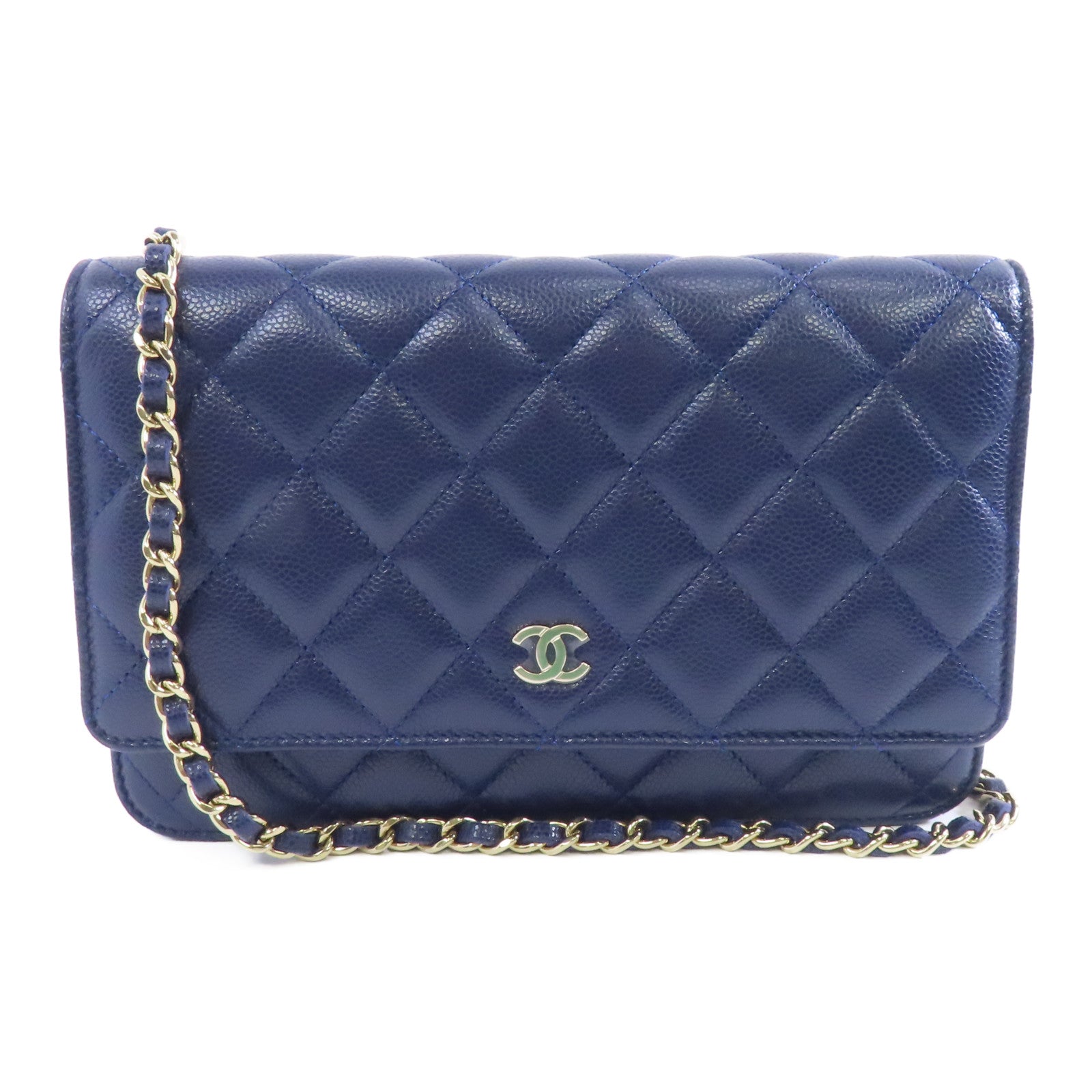 CHANEL 【激減優惠】菱格牛皮皮革WOC Wallet On Chain金扣鏈帶肩背袋深藍色