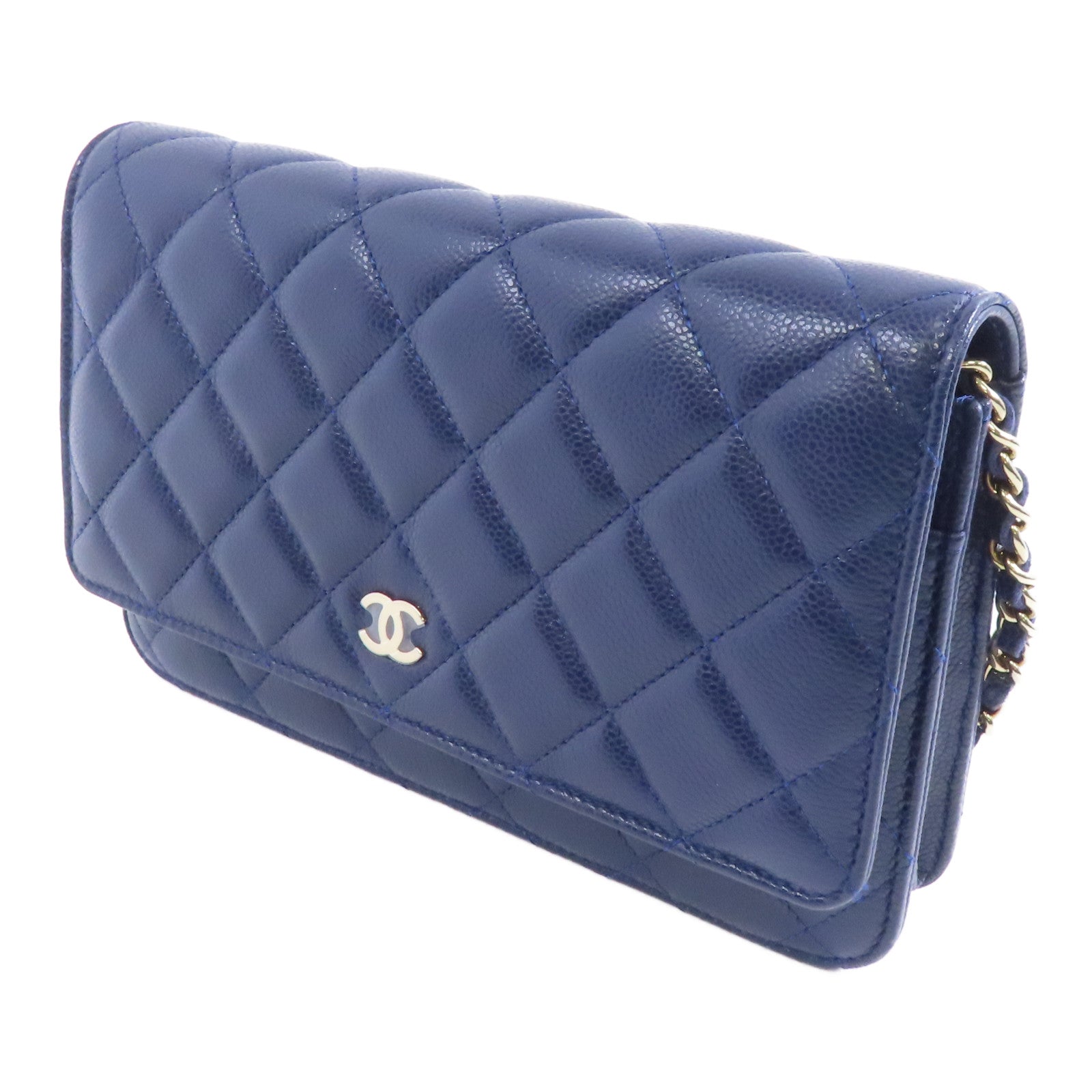 CHANEL 【激減優惠】菱格牛皮皮革WOC Wallet On Chain金扣鏈帶肩背袋深藍色