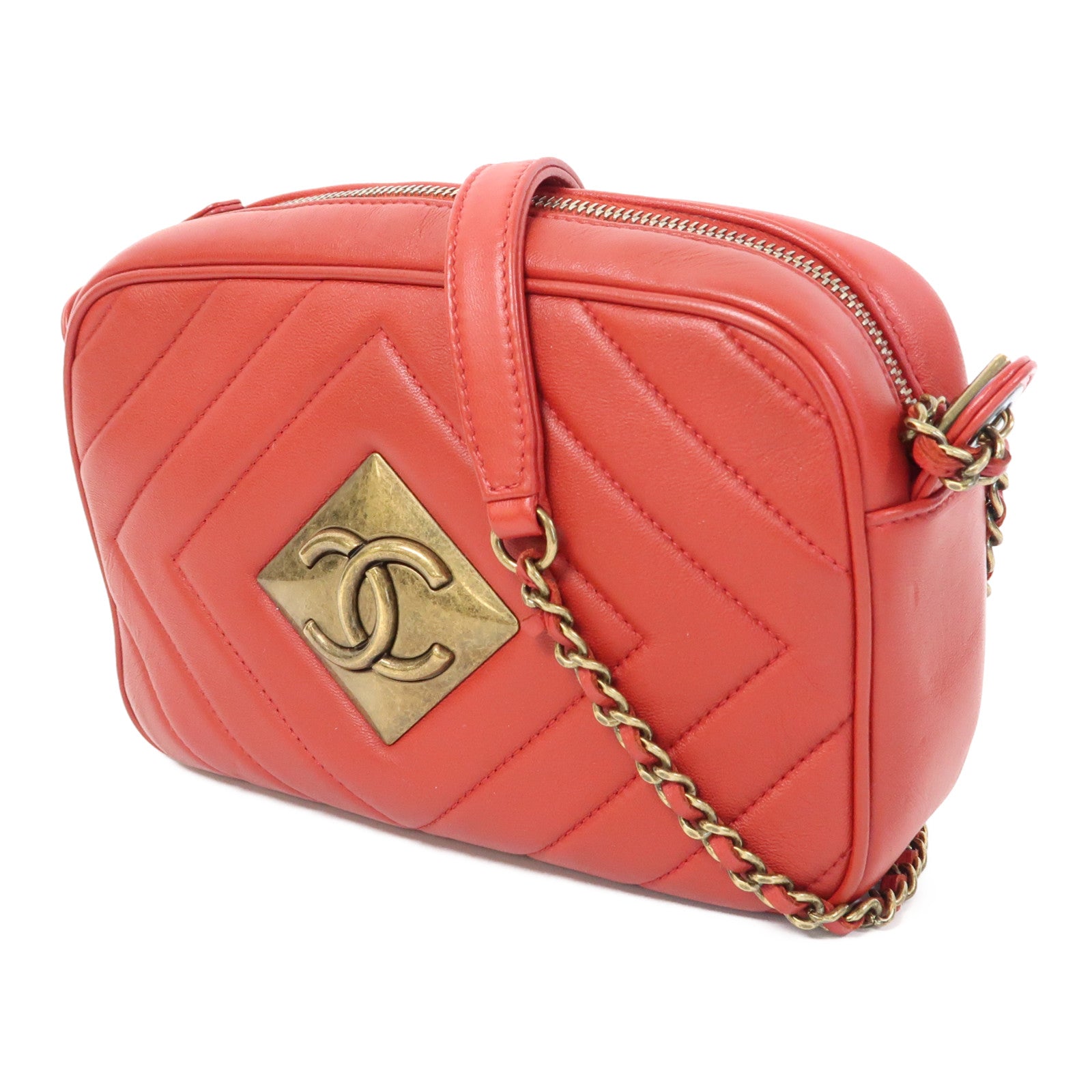 CHANEL 【激減優惠】羊皮皮革Chevron Pyramid CC Camera Case金扣鏈帶肩背袋紅色