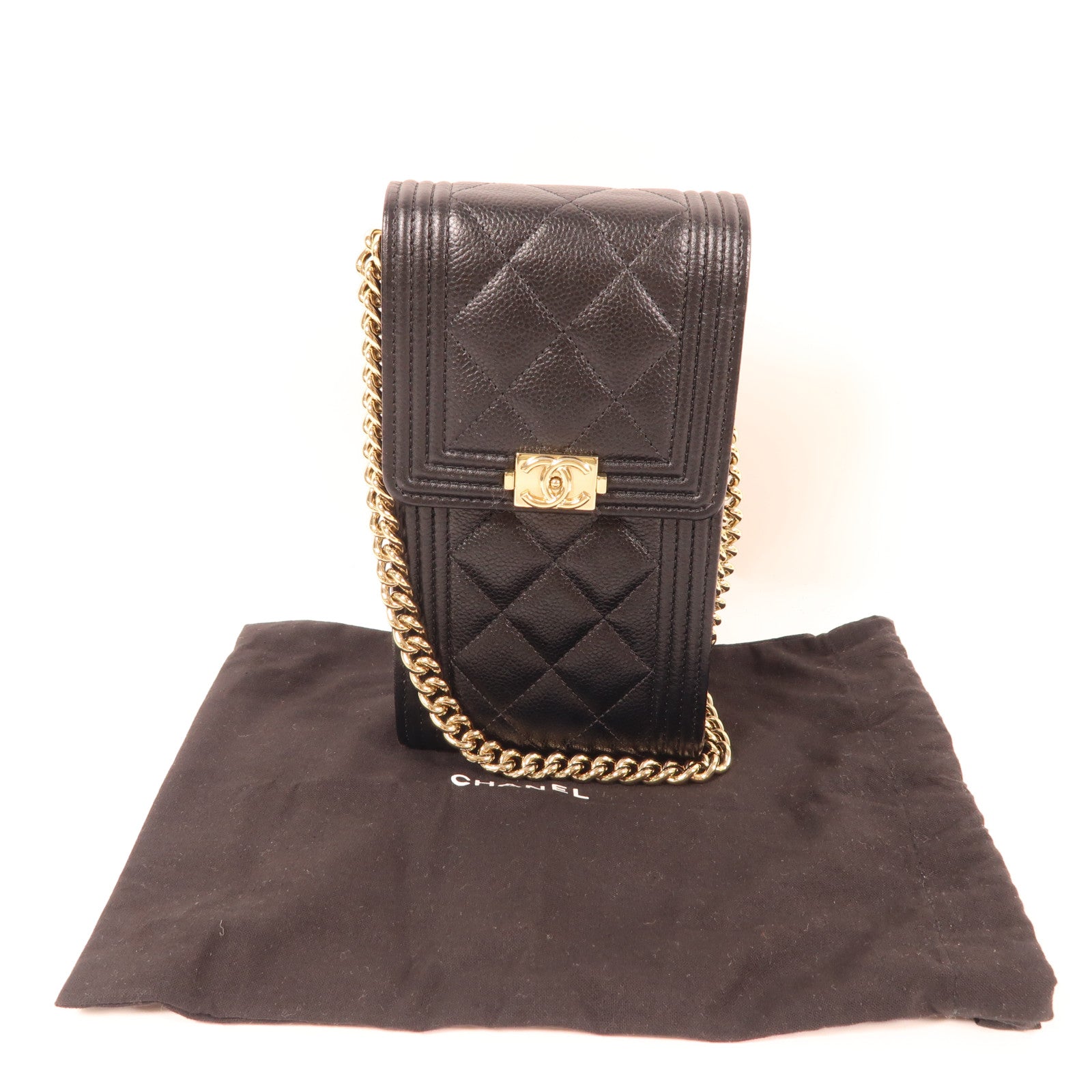 CHANEL 牛皮皮革Boy Phone Bag金扣鏈帶肩背袋