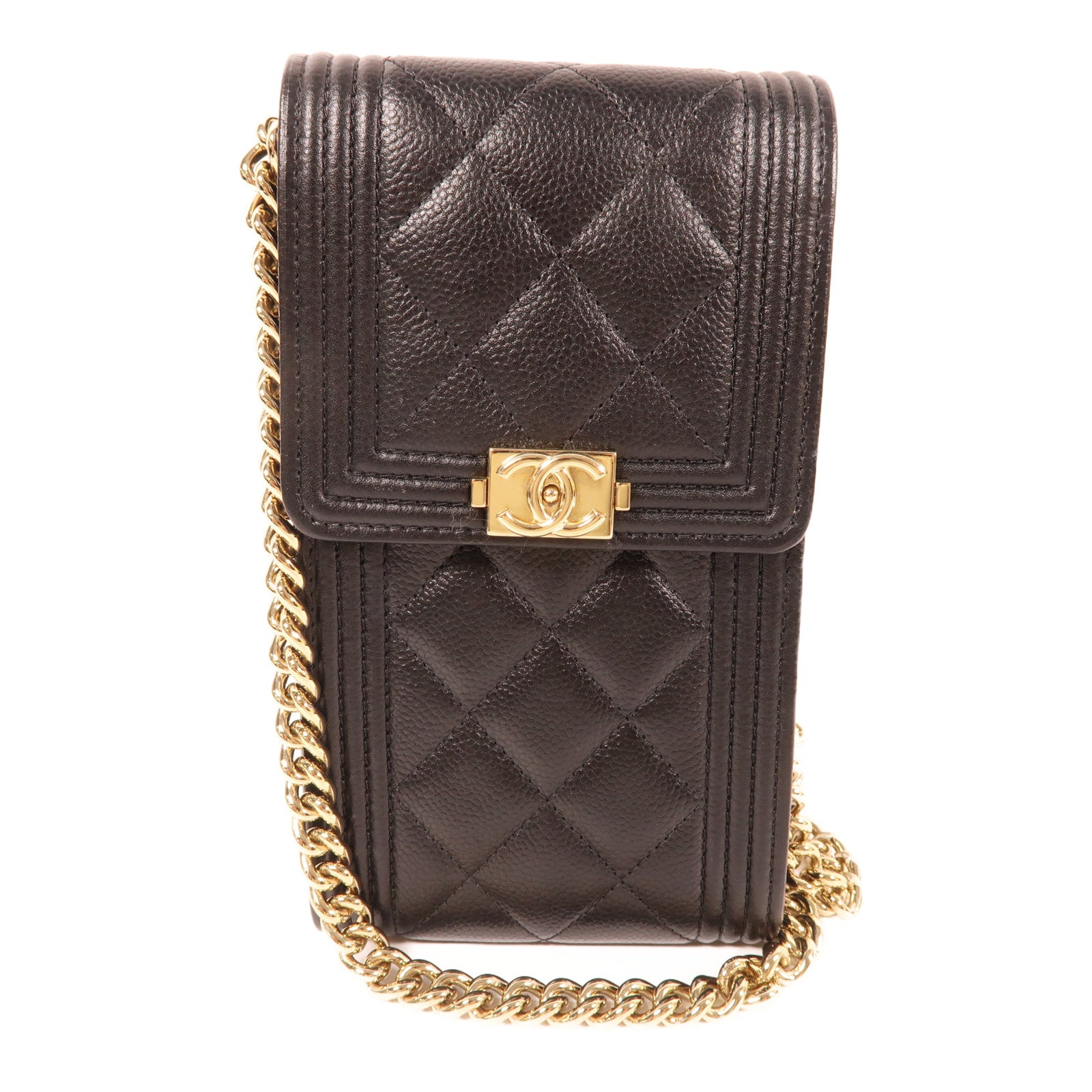 CHANEL 牛皮皮革Boy Phone Bag金扣鏈帶肩背袋