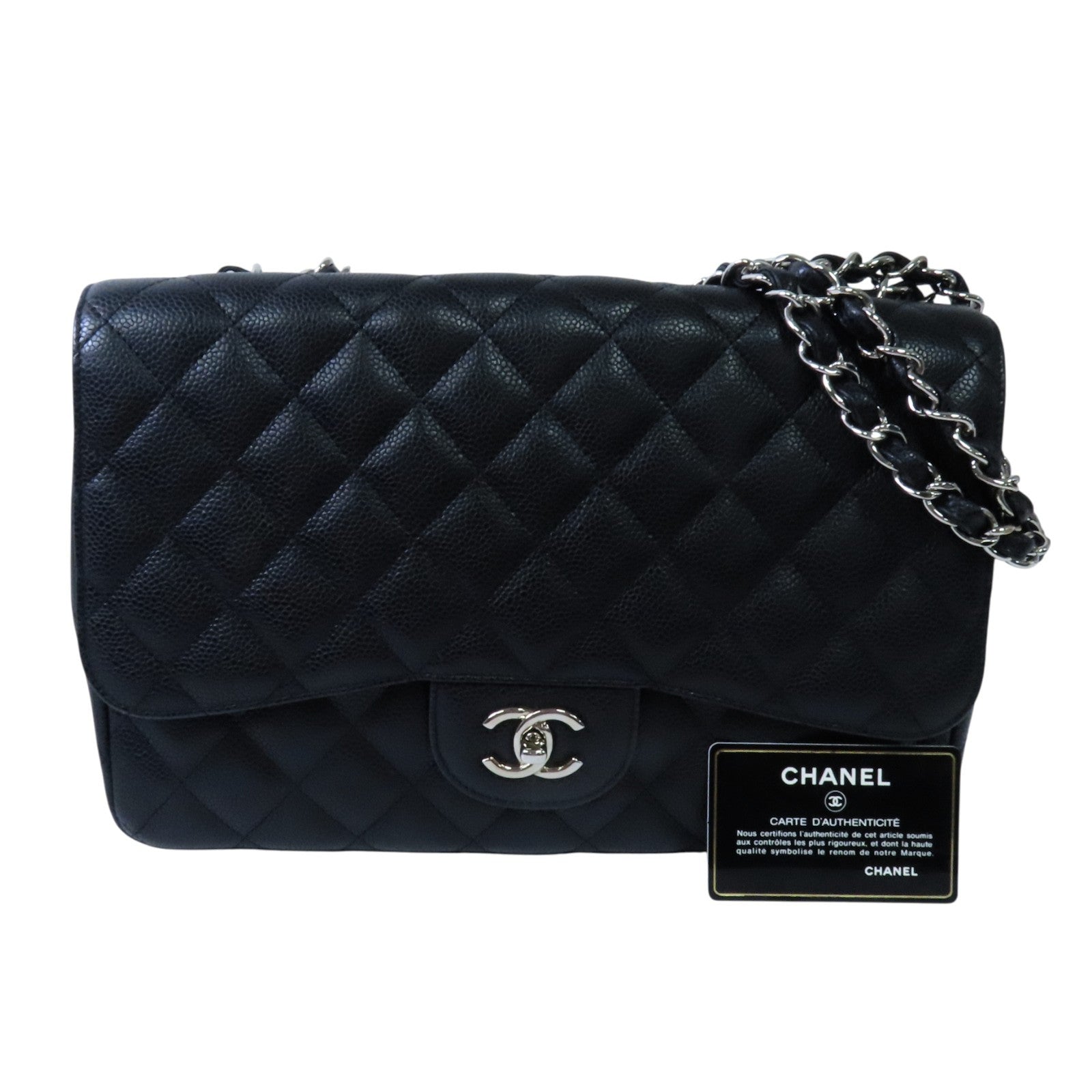 CHANEL 牛皮皮革Large Classic銀扣鏈帶肩背袋