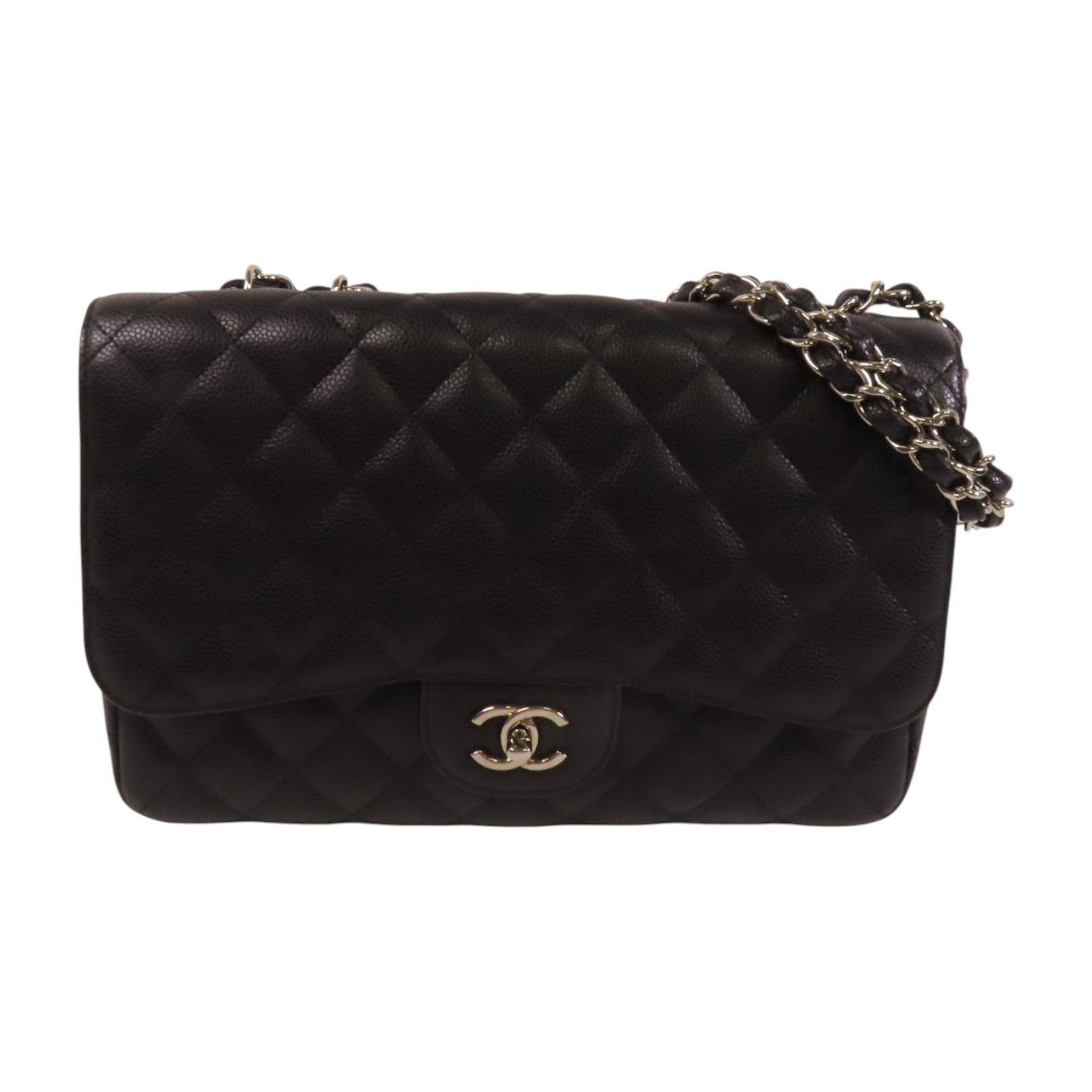 CHANEL 牛皮皮革Large Classic銀扣鏈帶肩背袋