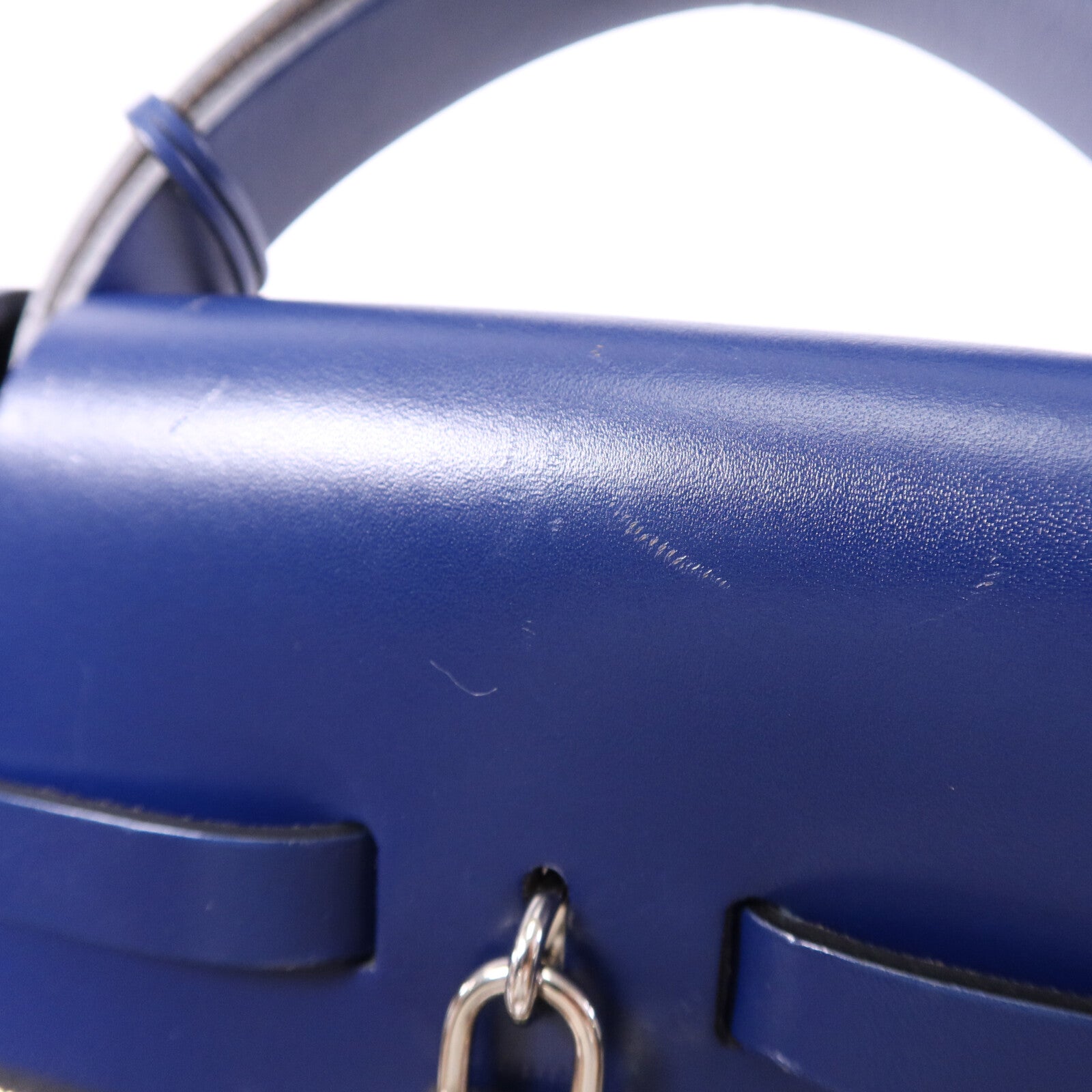 HERMES Vache Liegee皮革Herbag MM銀扣手挽肩背兩用袋Bleu Brighton/Noir