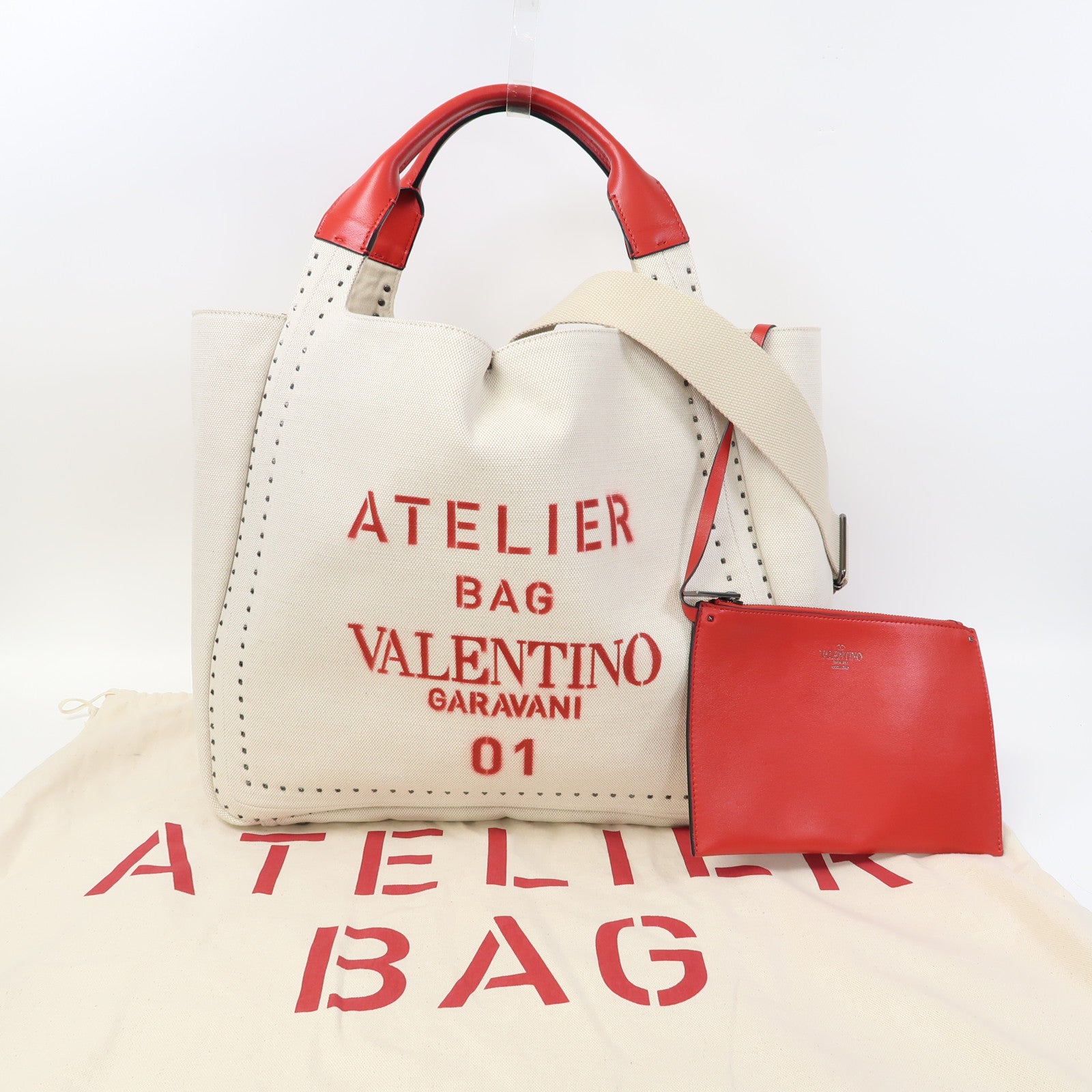 Valentino 帆布Garavani Atelier Bag 01 Metal Stitch Edition手挽肩背兩用袋米白色