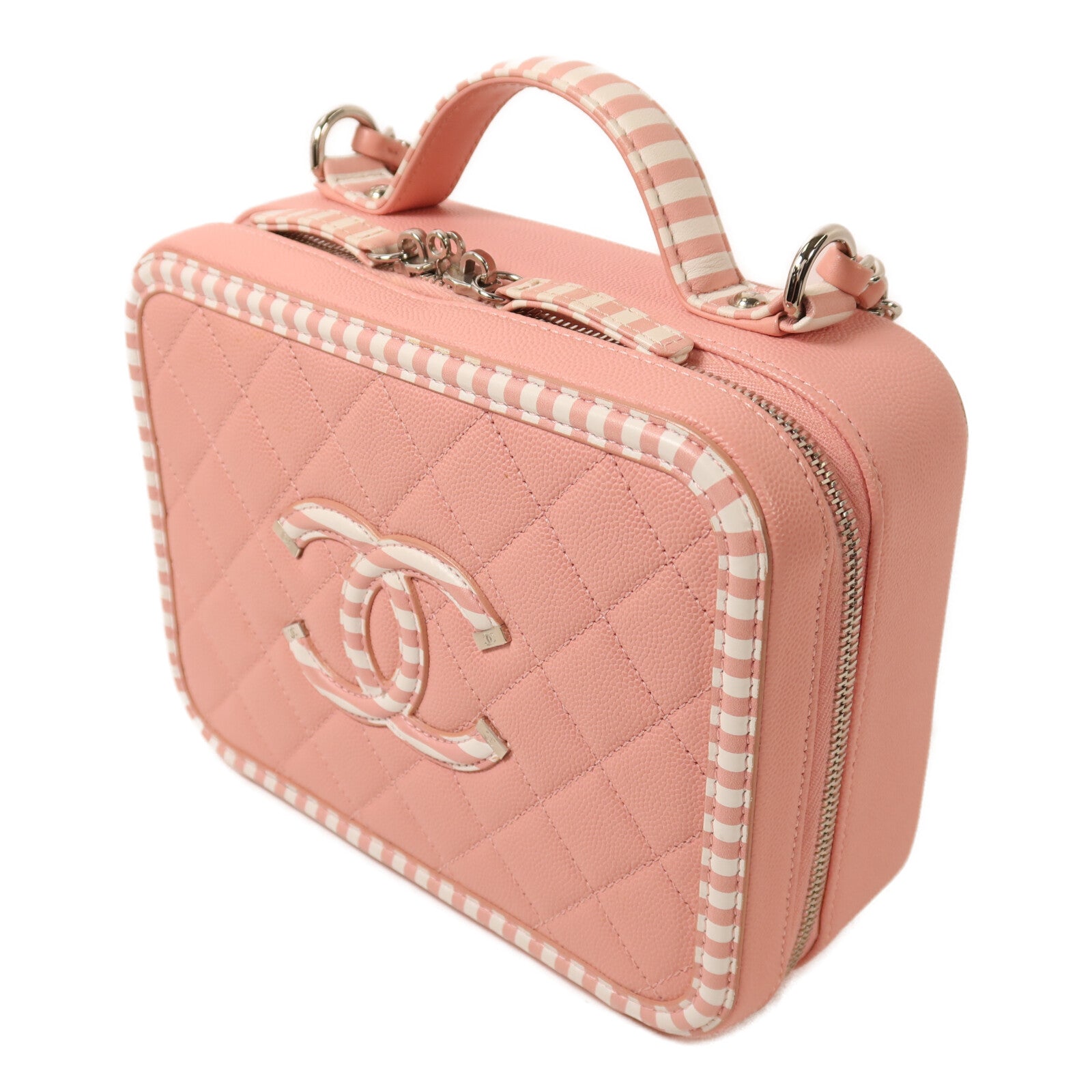 CHANEL 牛皮皮革Vanity Case銀扣鏈帶手挽肩背兩用袋