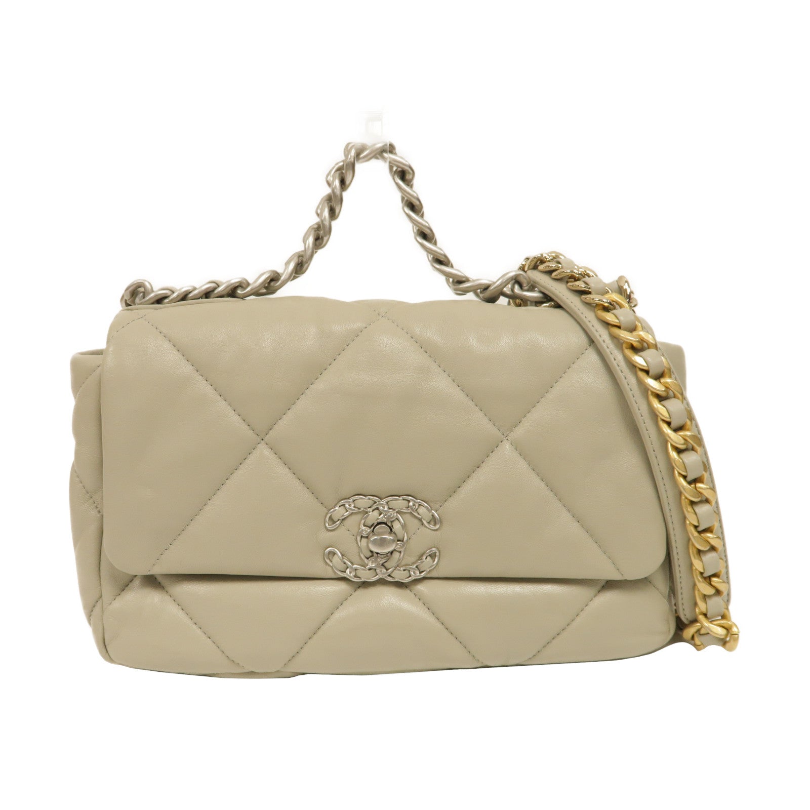 CHANEL 菱格羊皮皮革Chanel 19銀扣鏈帶肩背袋米色