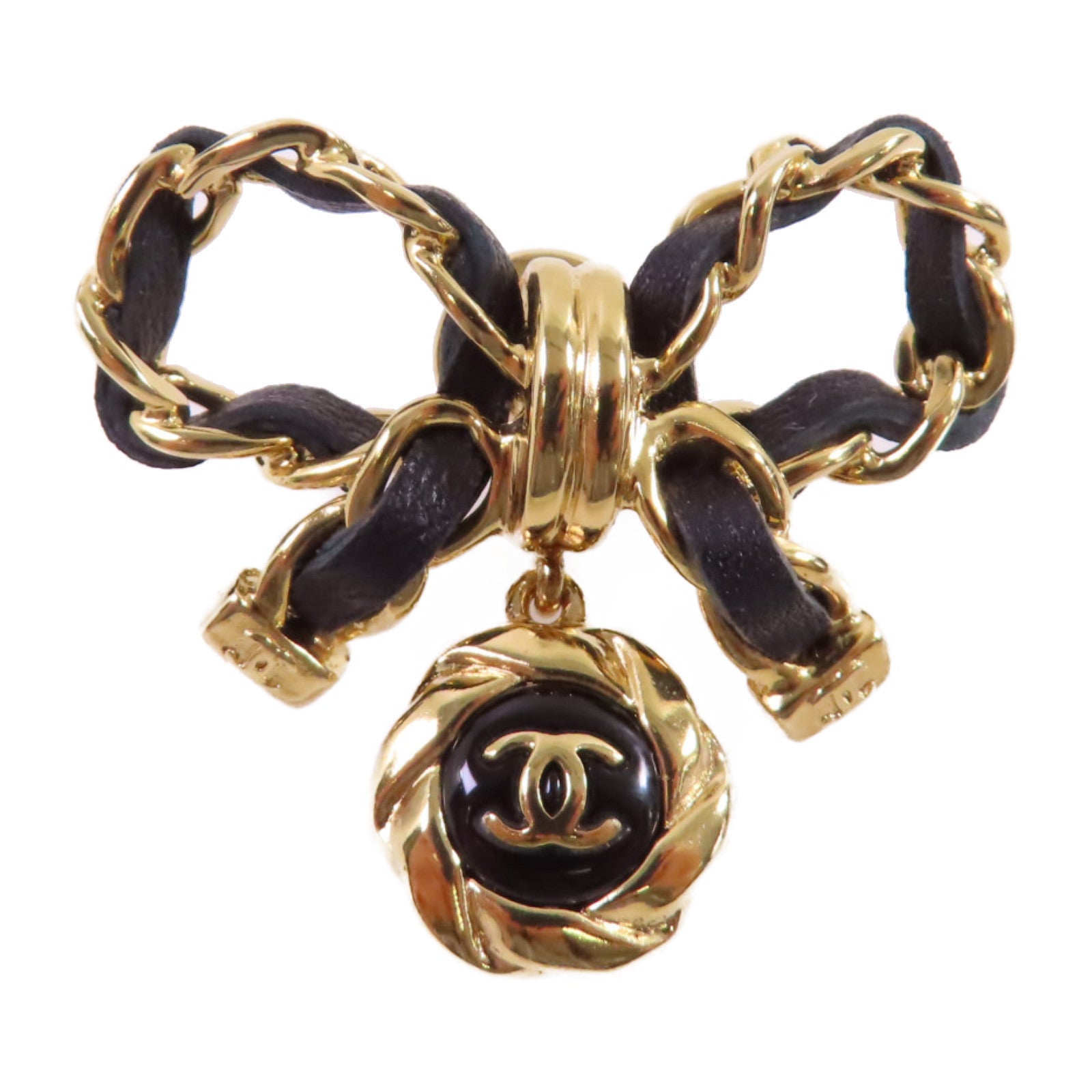 CHANEL 金屬/皮革Ribbon Brooch胸針黑色/金色