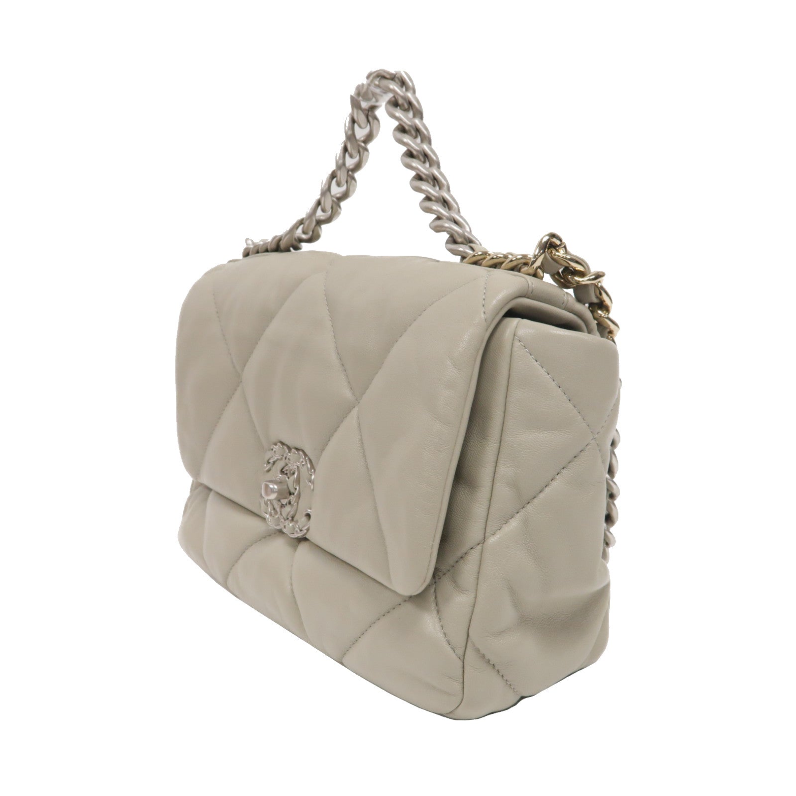 CHANEL 菱格羊皮皮革Chanel 19銀扣鏈帶肩背袋米色